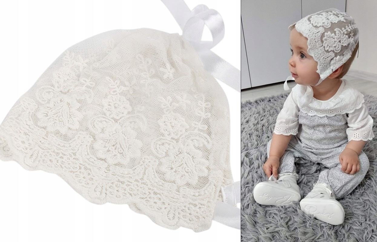 Czapka niemowlęca bonetka KORONKOWA BIAŁA na okazje CHRZEST 68-74-80-86 Marka bez marki