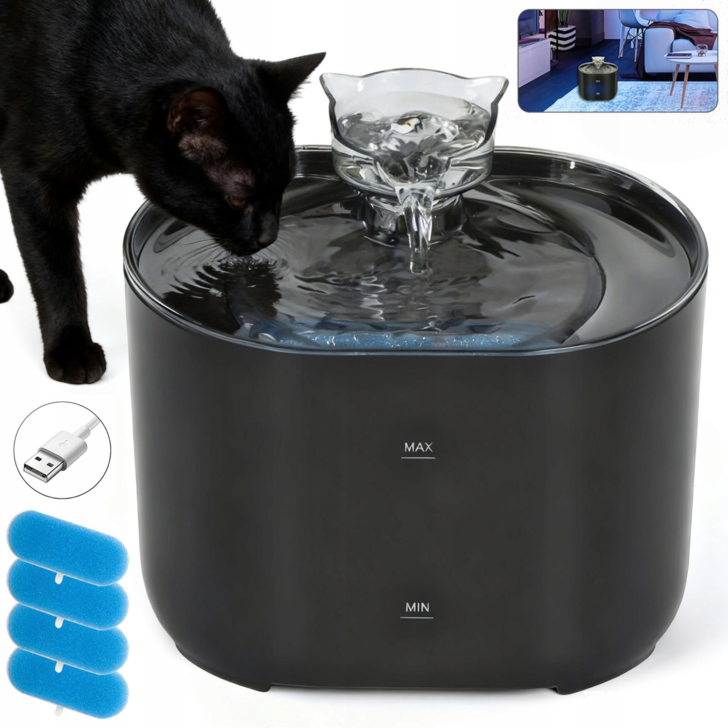 Levně Fontána Napáječka Pro Kočky Psa Automatická Miska Napáječka Tichá 2,2 L Černá