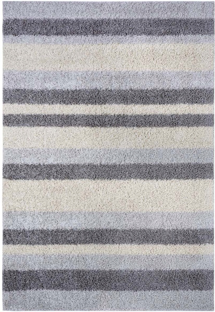 Koberec shaggy 200x290 cm do obývačky, krémovo šedo-modrý pruhovaný vzor