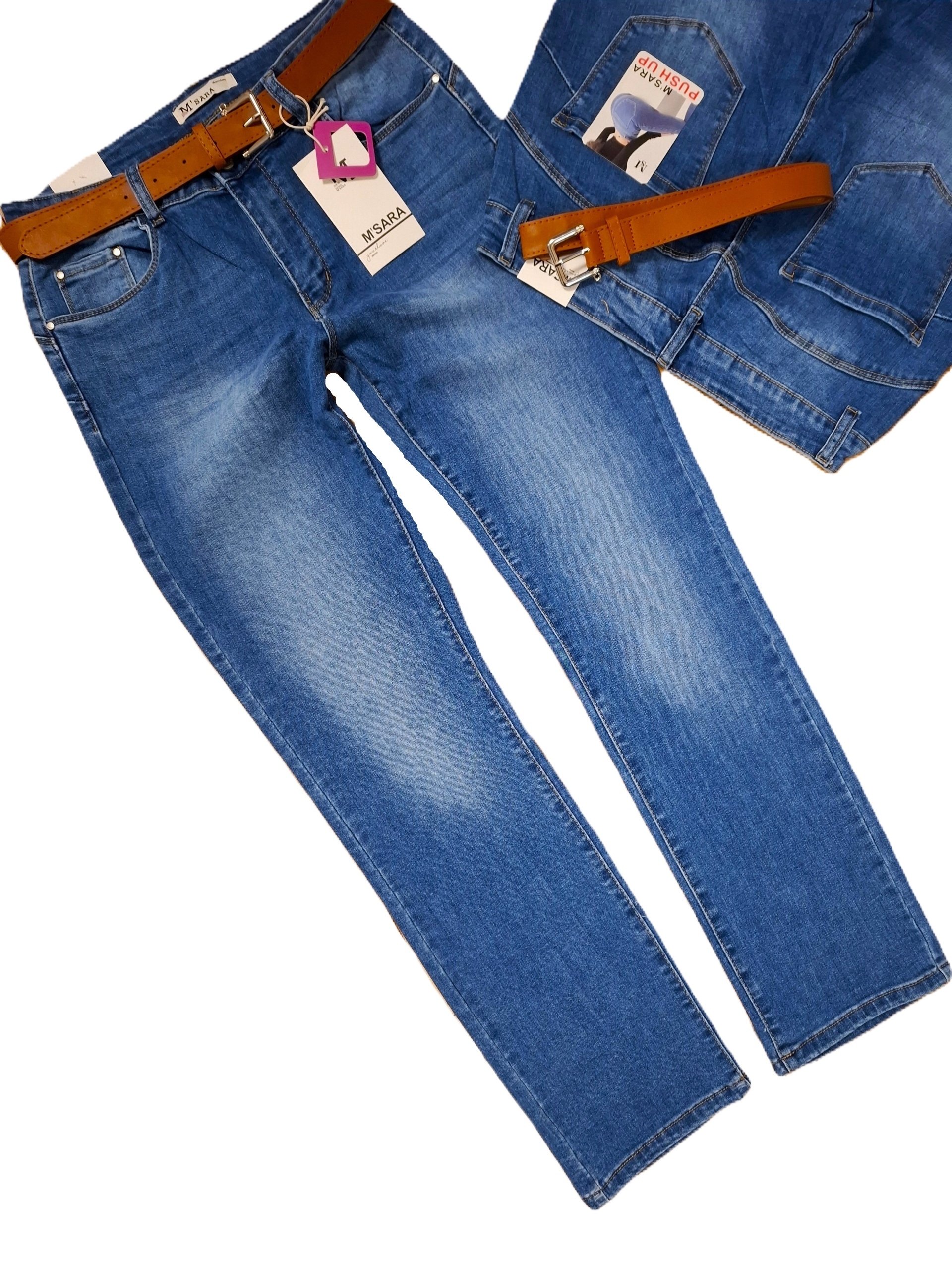 MS22 M.sara Spodnie Wyszczuplające Jeansy Proste Nogawki Pasek 50 (38)