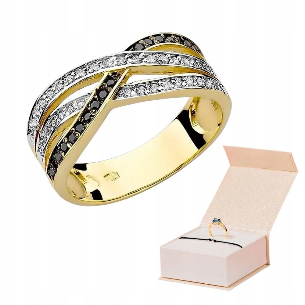 Zlatý Široký Prstýnek S Bílými A Černými Diamanty 585 Zlatý Náramek