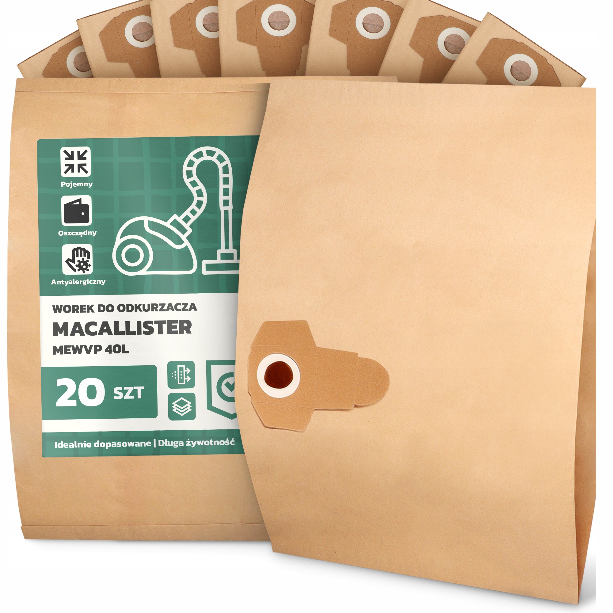 20 x Sáček Do Vysavače MacAllister Mewvp 40L Papírový 2-vrstvový Sáček 2A