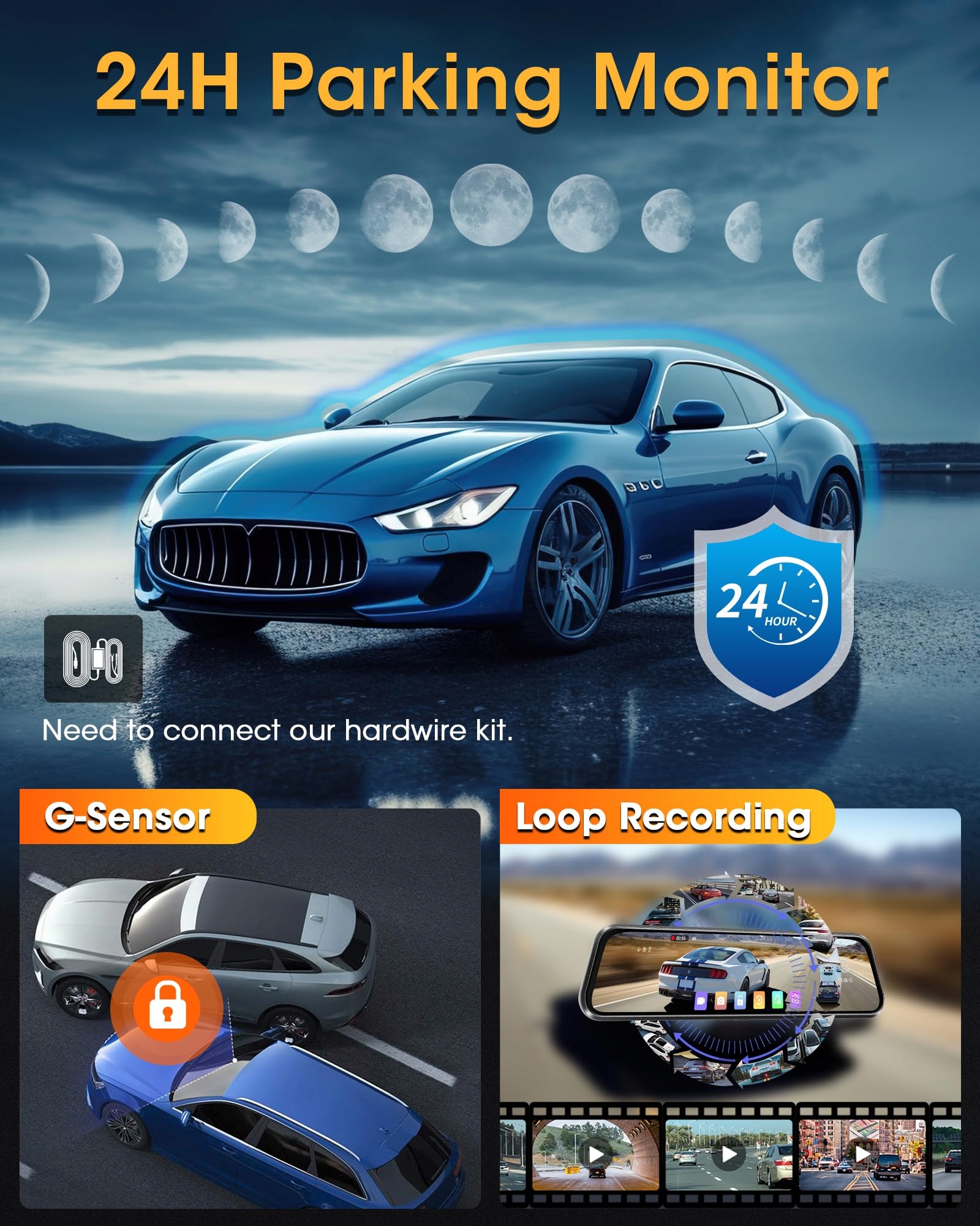 4K Airpuxem Lusterko Dashcam 10" IPS WiFi Przód Tył 64GB SD — miniatura 7