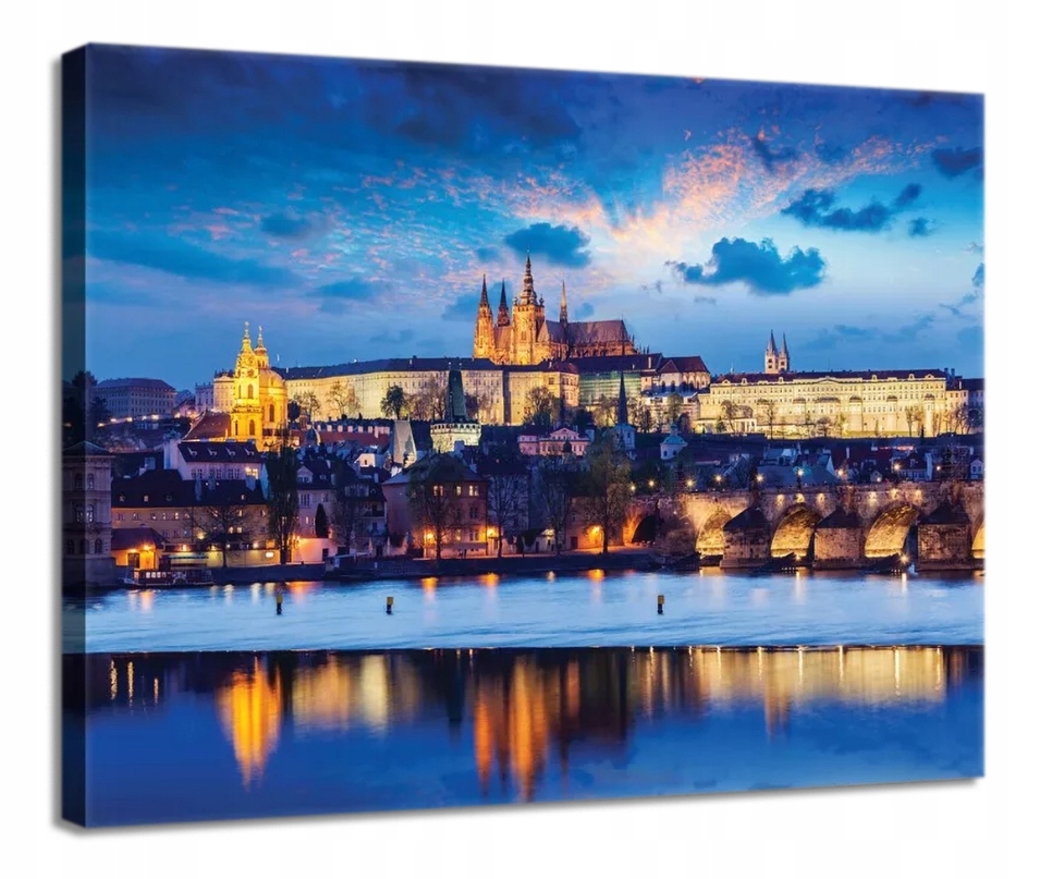 Obraz 100x75 Praha Karlův most, Pražský hrad, noční odraz Vltavy