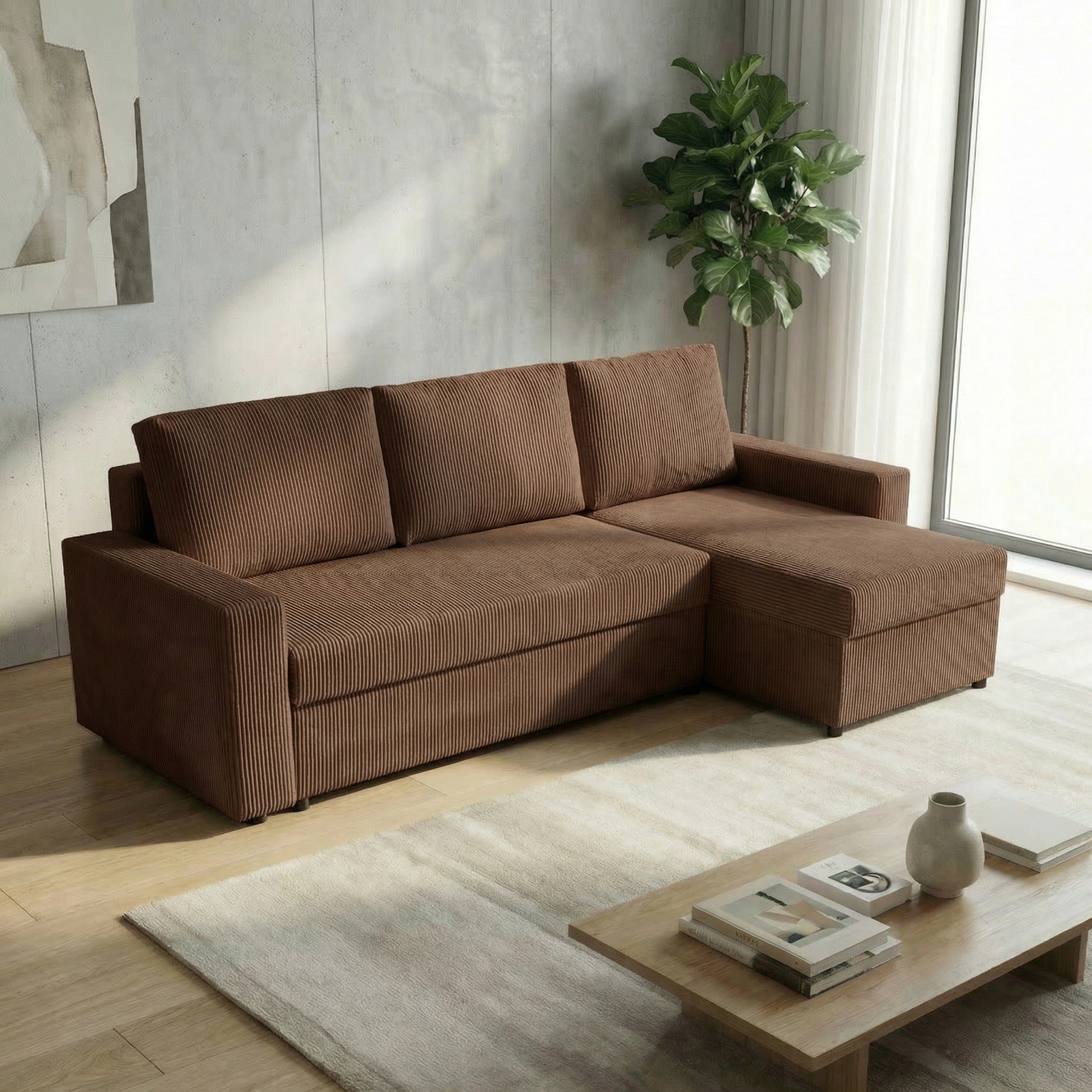 Rohová sedačka s funkcí spaní do obývacího pokoje Nirvana Plus manšestrová hnědá