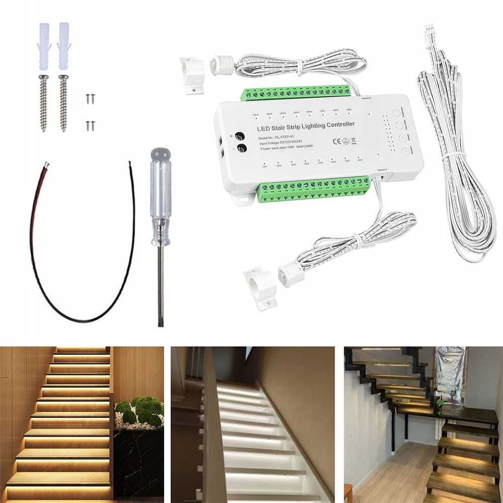 Led Schodišťový Ovladač 16 Stupňů Schodů Kanálů 12-24V 240W Senzory Pir