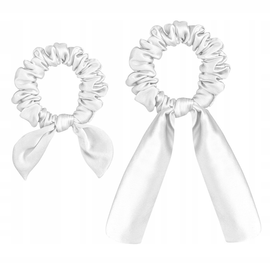 100% Hedvábí 2x Hedvábná gumička s stužkou na vlasy Frotka Ivory Bílá perla