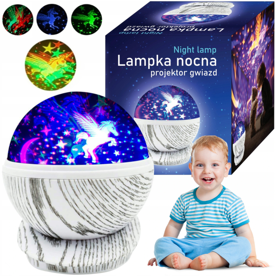 LAMPKA NOCNA dla dzieci PROJEKTOR GWIAZD LAMPA OBROTOWA NIEBA JEDNOROŻEC