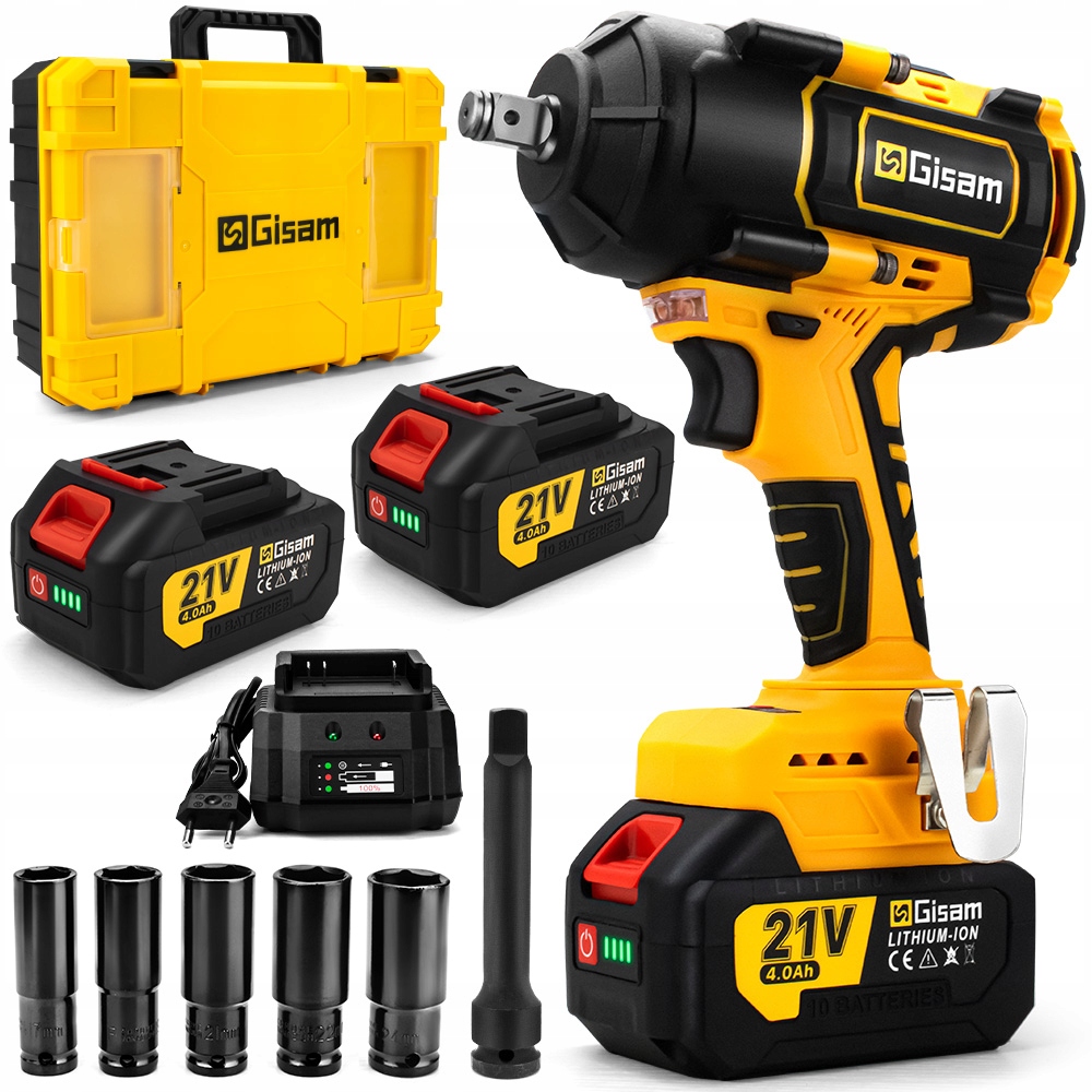 Gisam Aku rázový utahovák 1/2" 2x 4.0Ah baterie 5 nástrčných klíčů