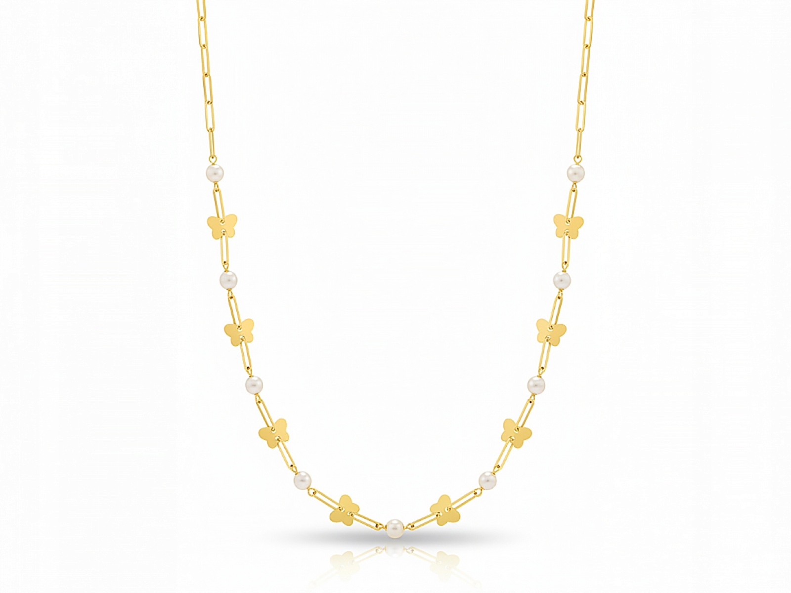 Zlatý náhrdelník 585 s motýlky a bílými perličkami 44 cm, perličky 1,9 g