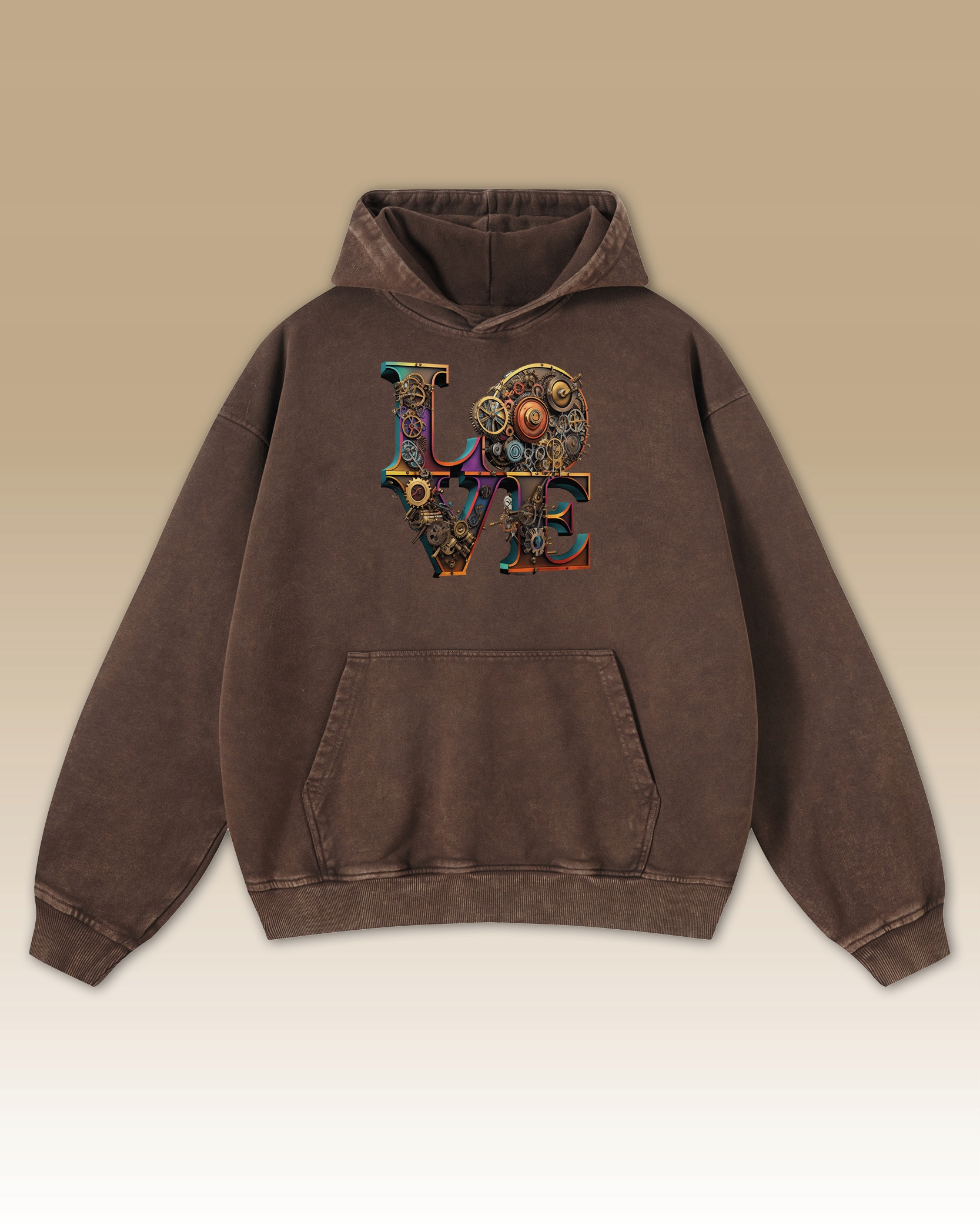 Mikina Steampunk Love Industriální design Ozubení Mechanismus Hnědá XXL