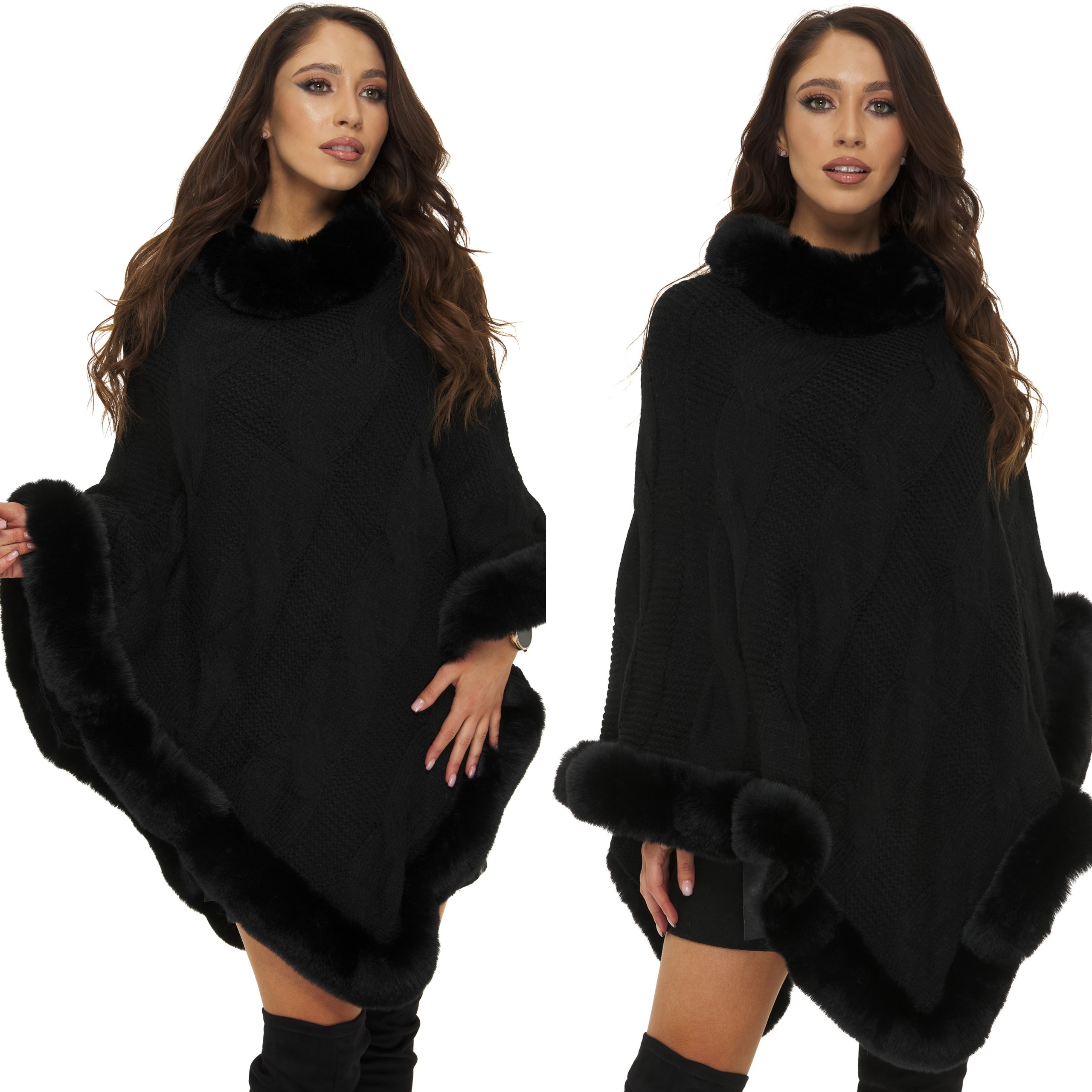 

Czarne Poncho Ponczo futro dzianina swetrowa