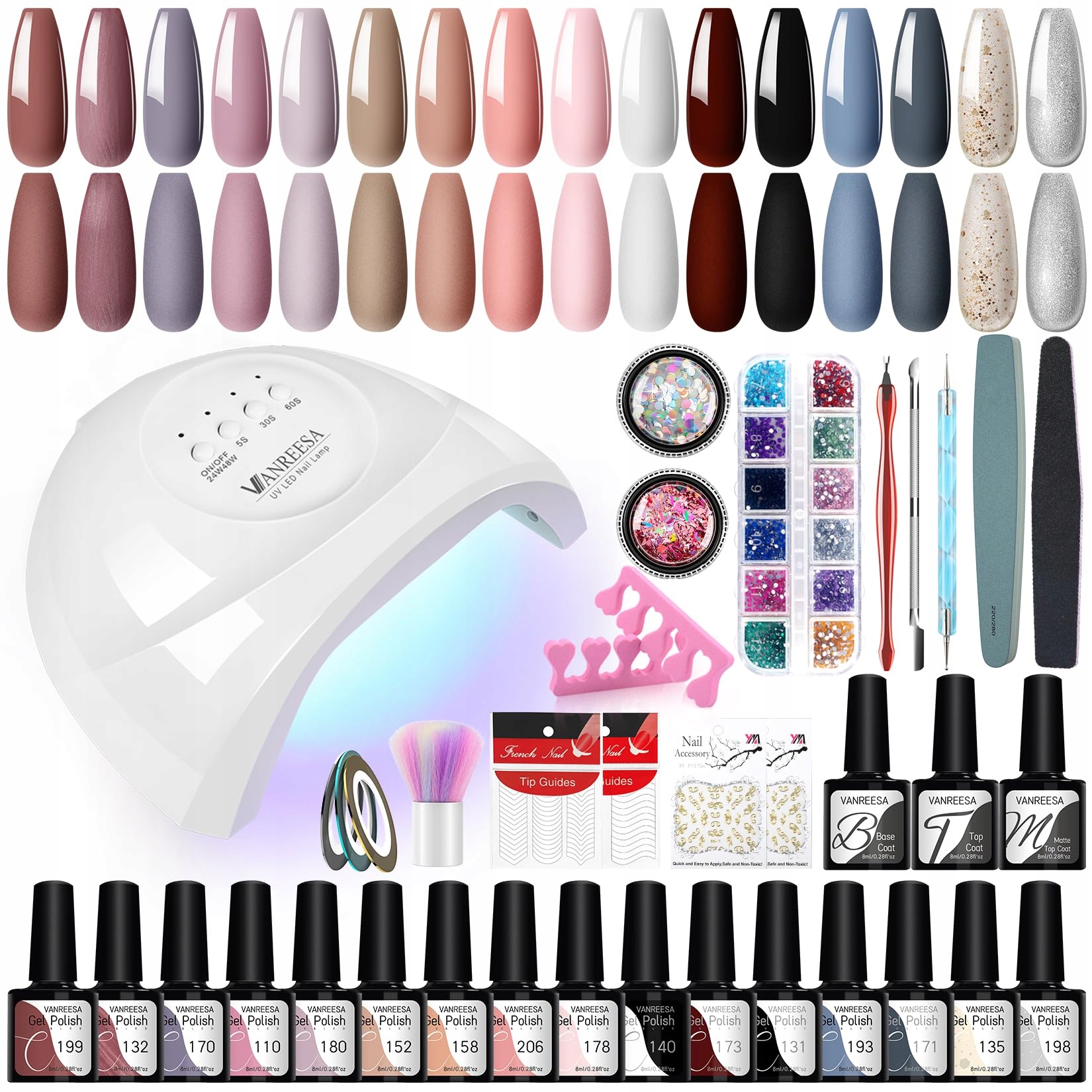 VANREESA Zestaw Lakierów UV 16 Kolorów Z Lampą LED 48W Do Manicure