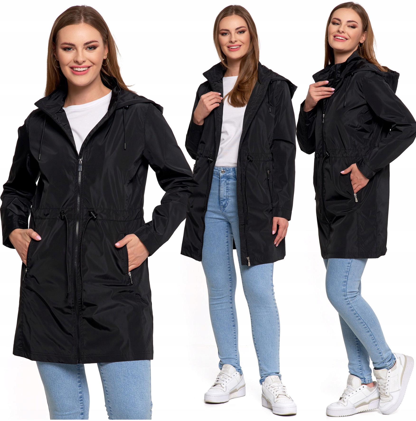 Kurtka Parka Damska Przejściowa Cienka Z Kapturem Moraj Gładka Czarna L
