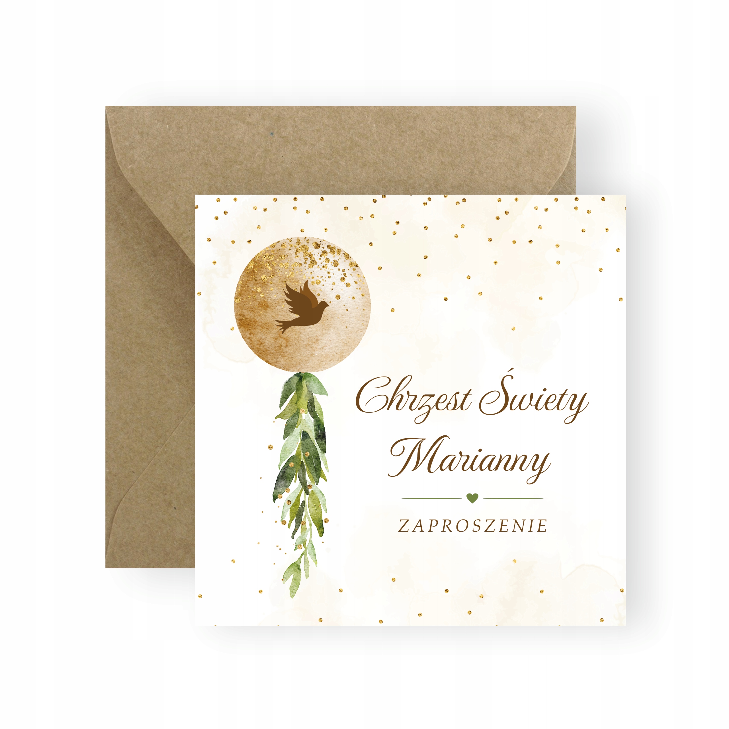 ZAPROSZENIA NA CHRZEST + IMIĘ + KOPERTA DELIKATNE ZŁOTE Z BALONIKIEM