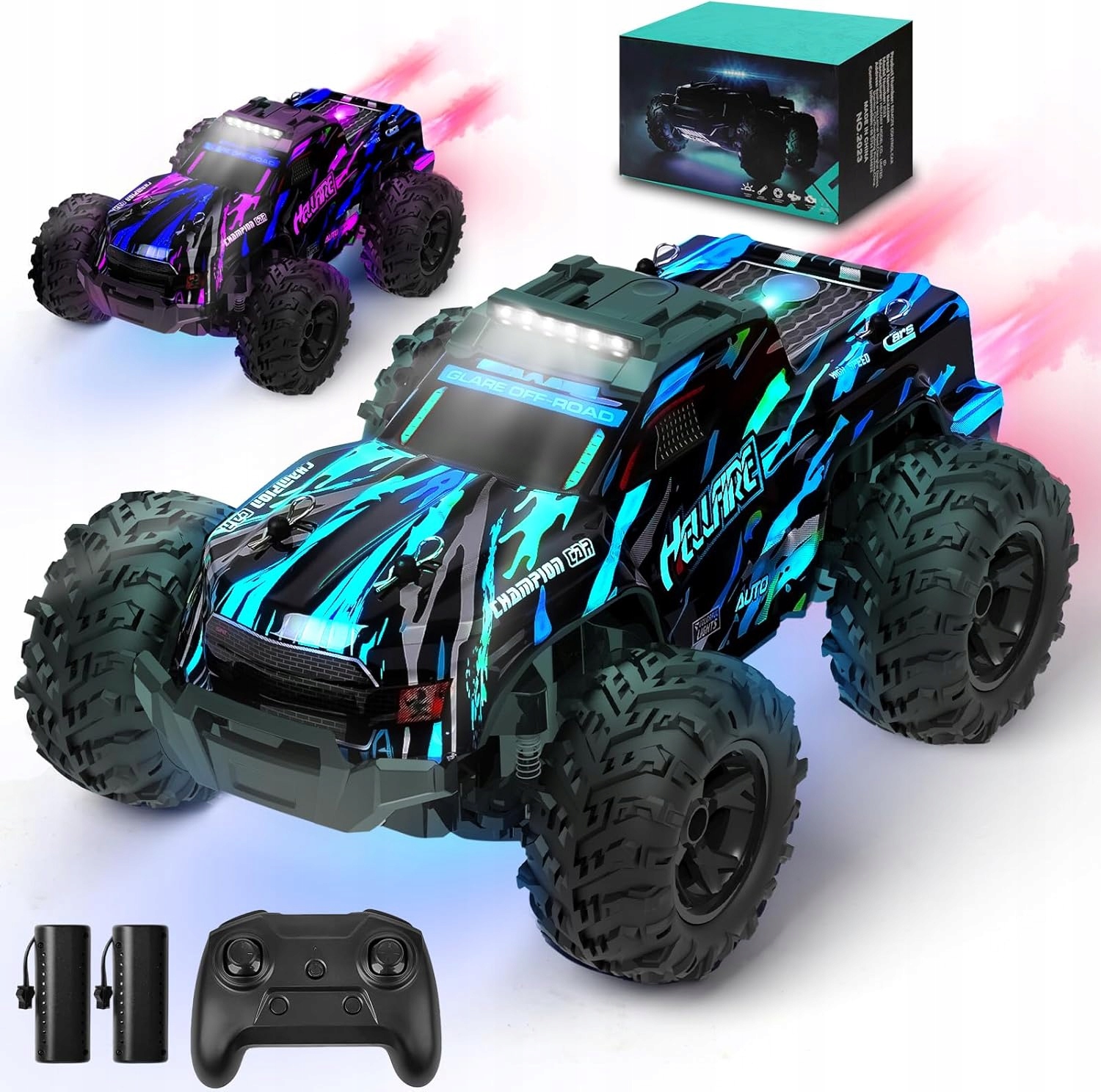 Auto RC 1:18 22 km/h LED + dym 2 baterie terenowe 4WD