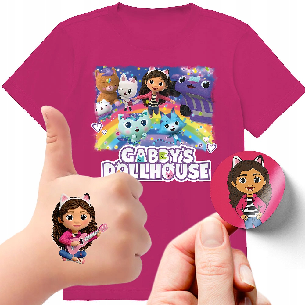 ZESTAW 3W1 KOSZULKA DLA DZIECI TATUAŻE NAKLEJKI KOCI DOMEK GABI 104 JAKOŚĆ