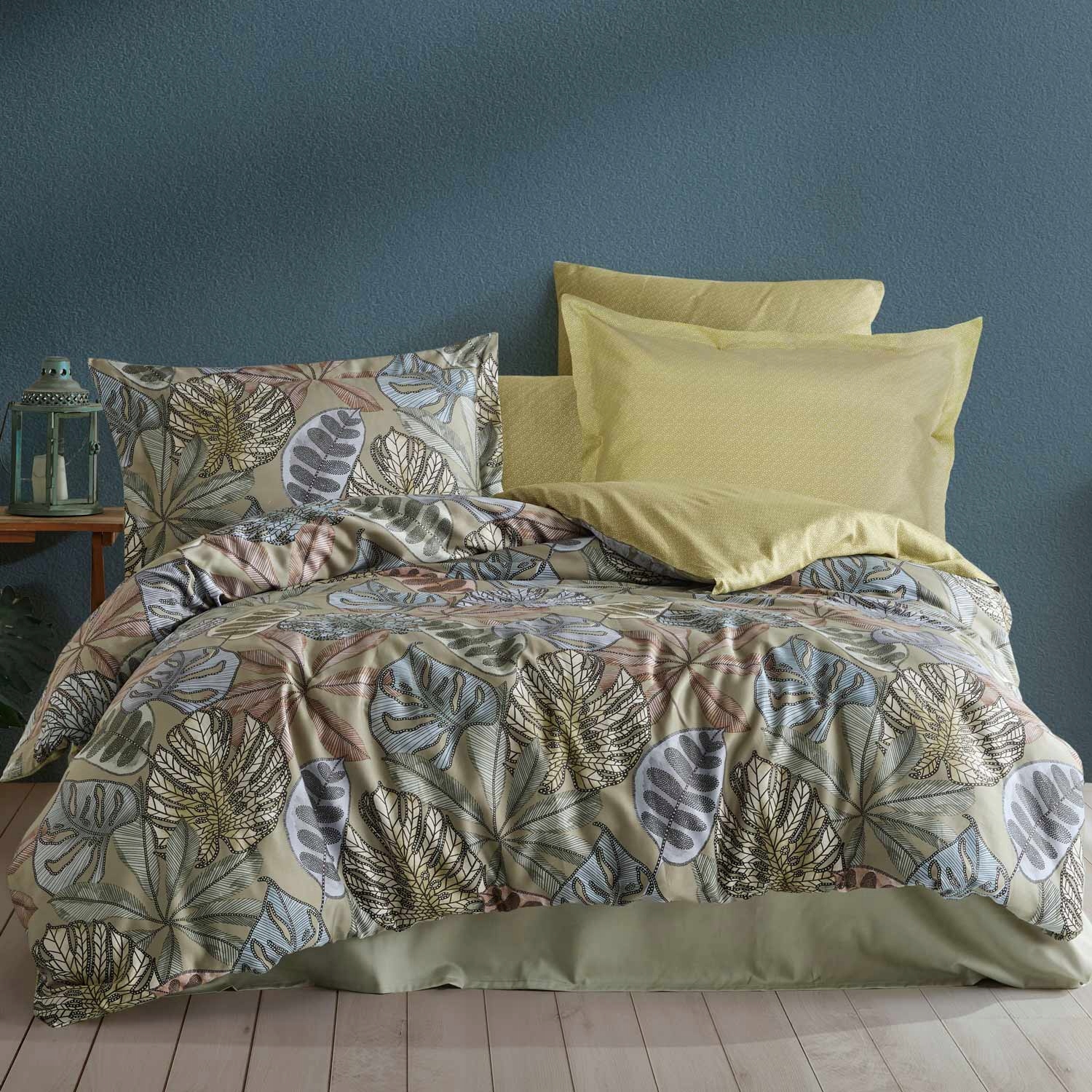 Posteľná Bielizeň bavlnená saténová Greta 160x200 zelená, žltá, farebné listy