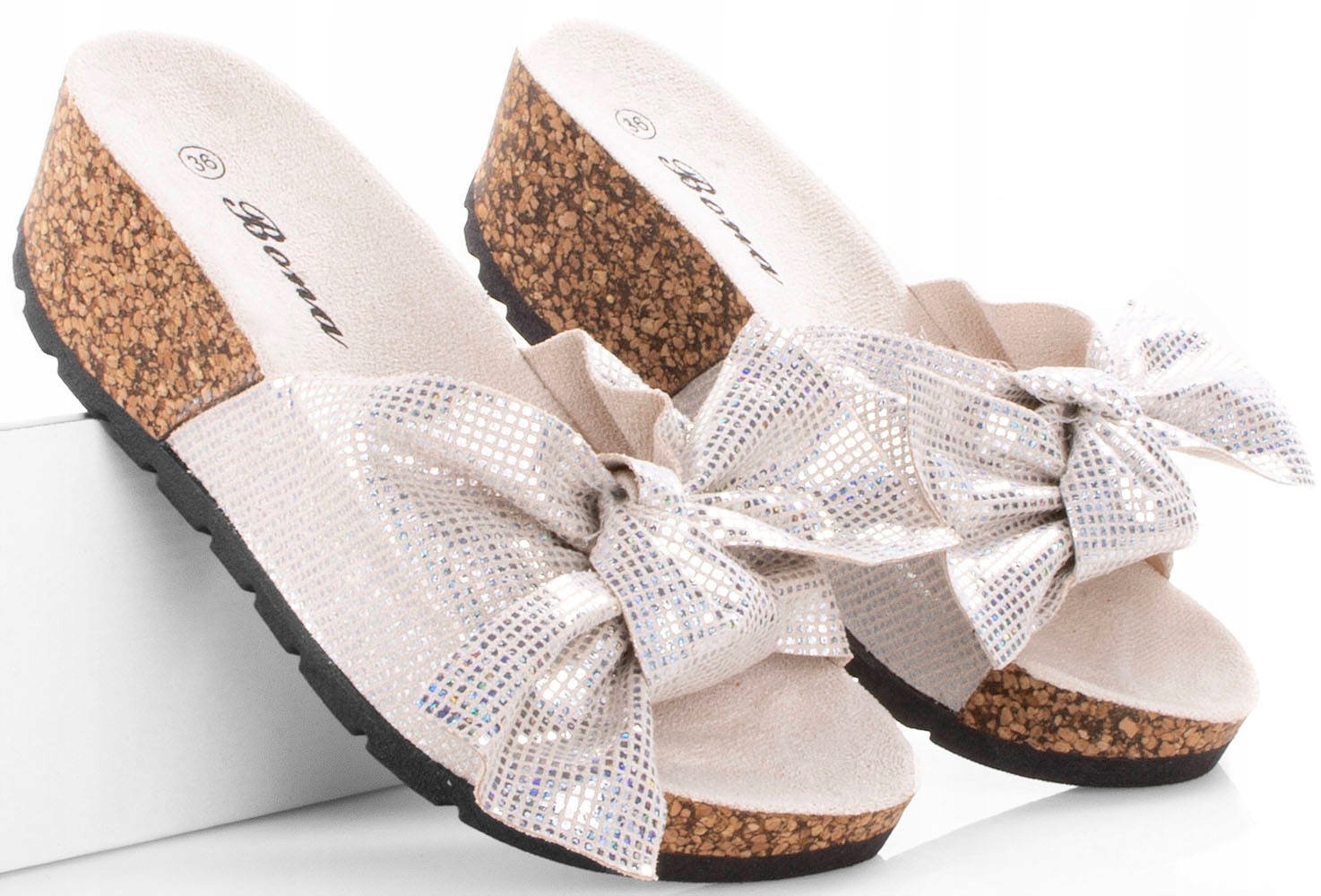 BEŻOWE KLAPKI Z KOKARDĄ NA KOTURNIE KOREK 38