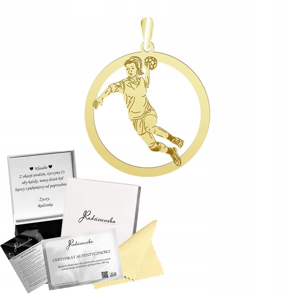 Zlatý přívěsek Ruční míč Žena Dárek Stříbro 925 Gravírování Bonus