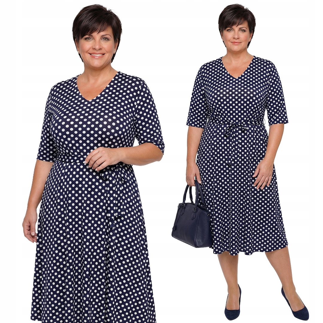Tmavě modrá šaty s bílými puntíky a páskem plus size, velikost 50