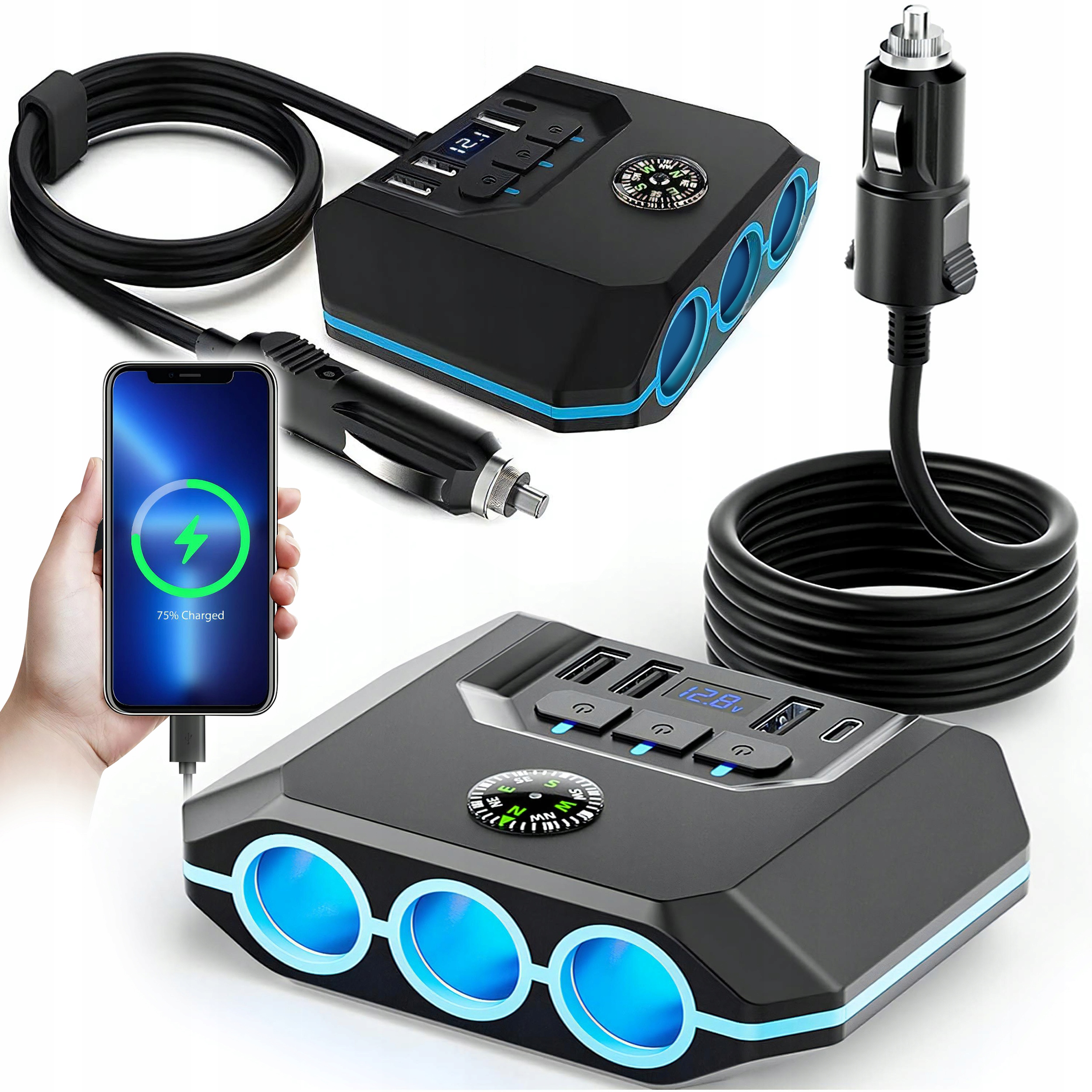 Rozdeľovač do auta Zásuvky zapaľovača 12-24V 3x Usb 3.0QC Usb-c 120W