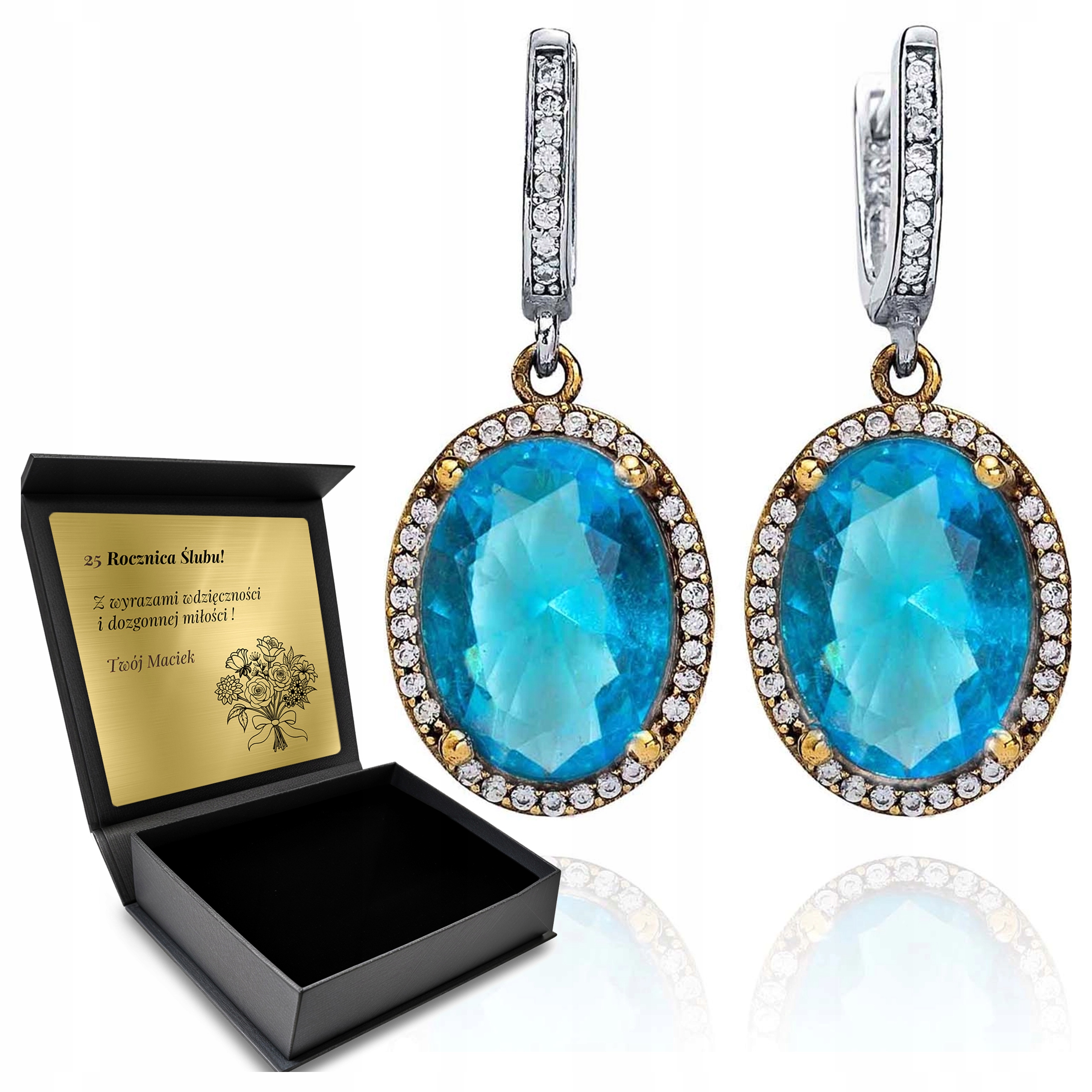 Stříbrné Náušnice 925 S Zirkony A Modrým Topazem pro ženy Gravírování