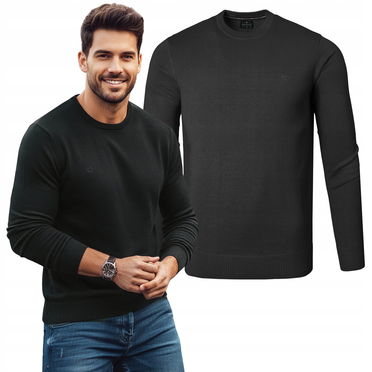 Pánský svetr Klasický Jednobarevný Hladký Basic Černý M Pako Jeans