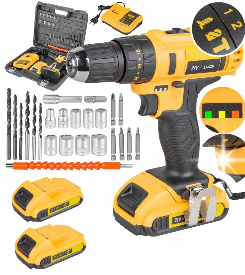 Wkrętarka Wiertarka z Udarem 2x Akumulatory +Bity/Wiertła/Walizka Narzędzia