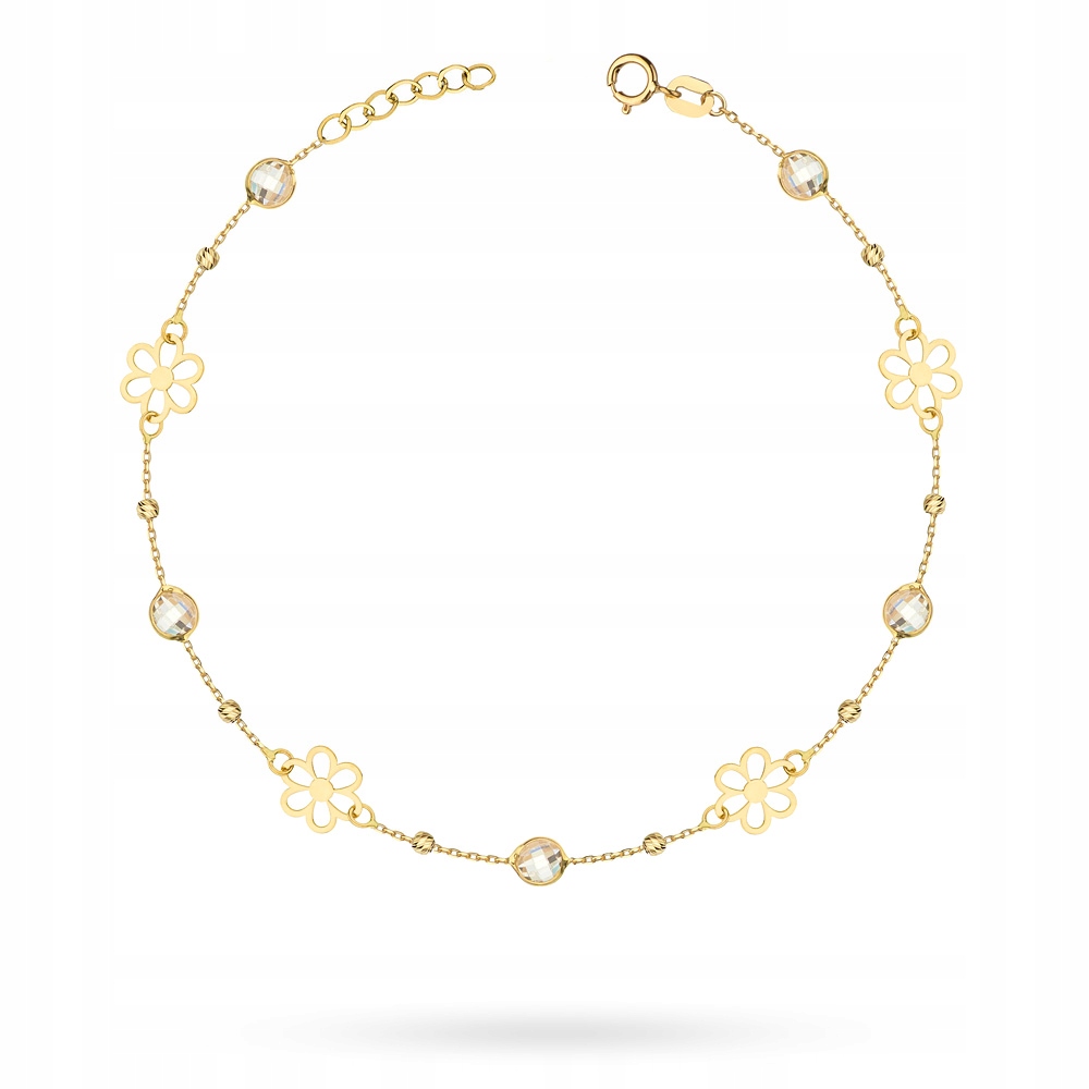 Krásný Zlatý Náramek pro ženy ryzosti 585 14k Zirkony a Květiny Krabička