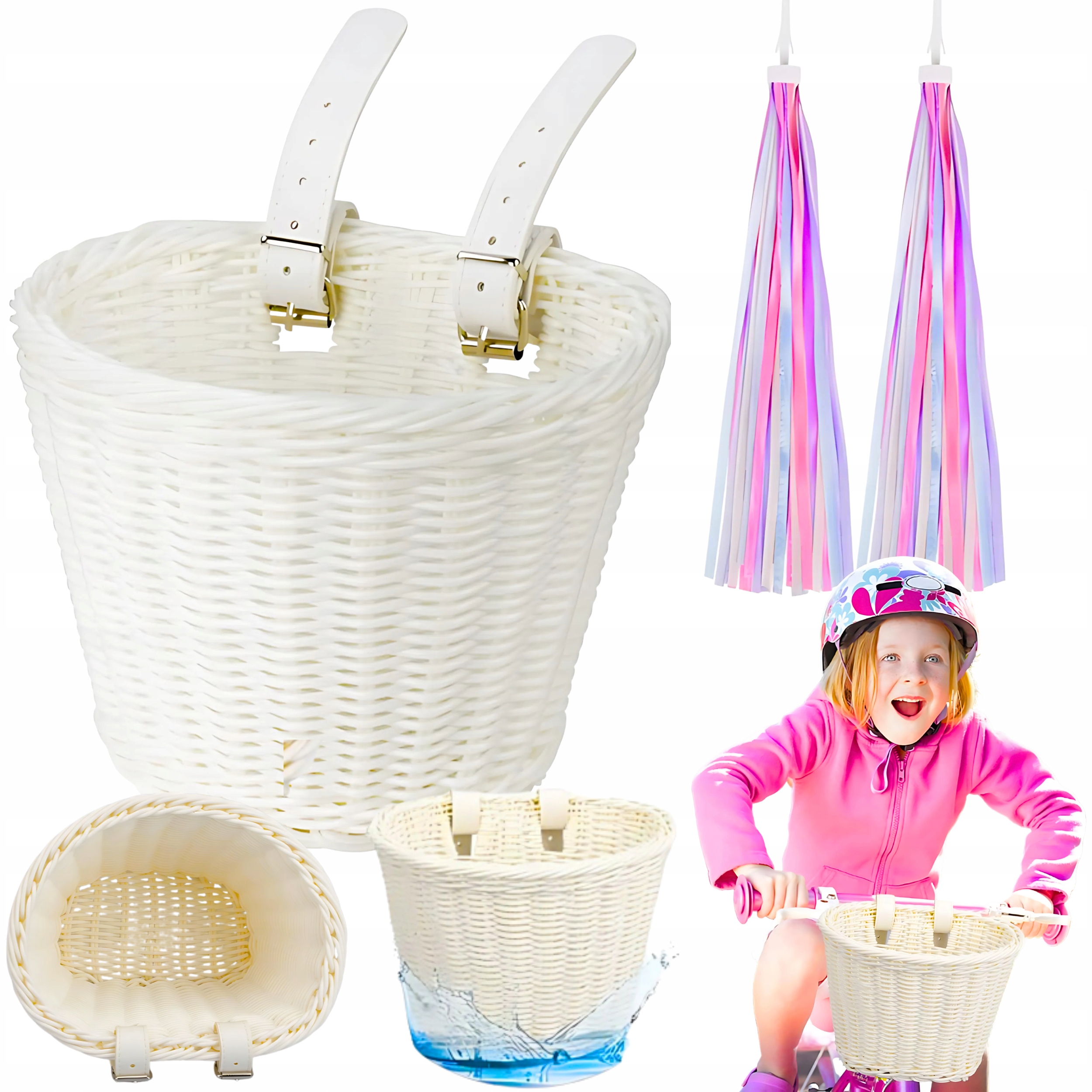 Koszyk Na Rower Dla Dziewczynki Biały Rowerowy Zestaw Frędzle Kosz
