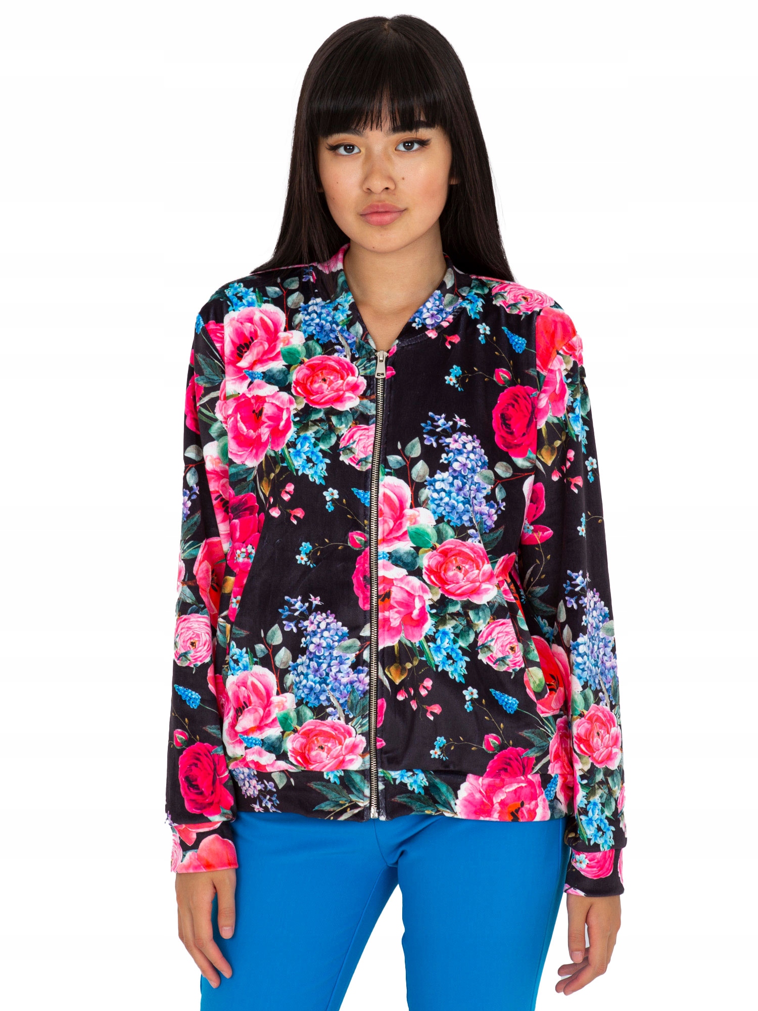 

Welurowa Bluza Damska Bomberka w kwiaty S/m