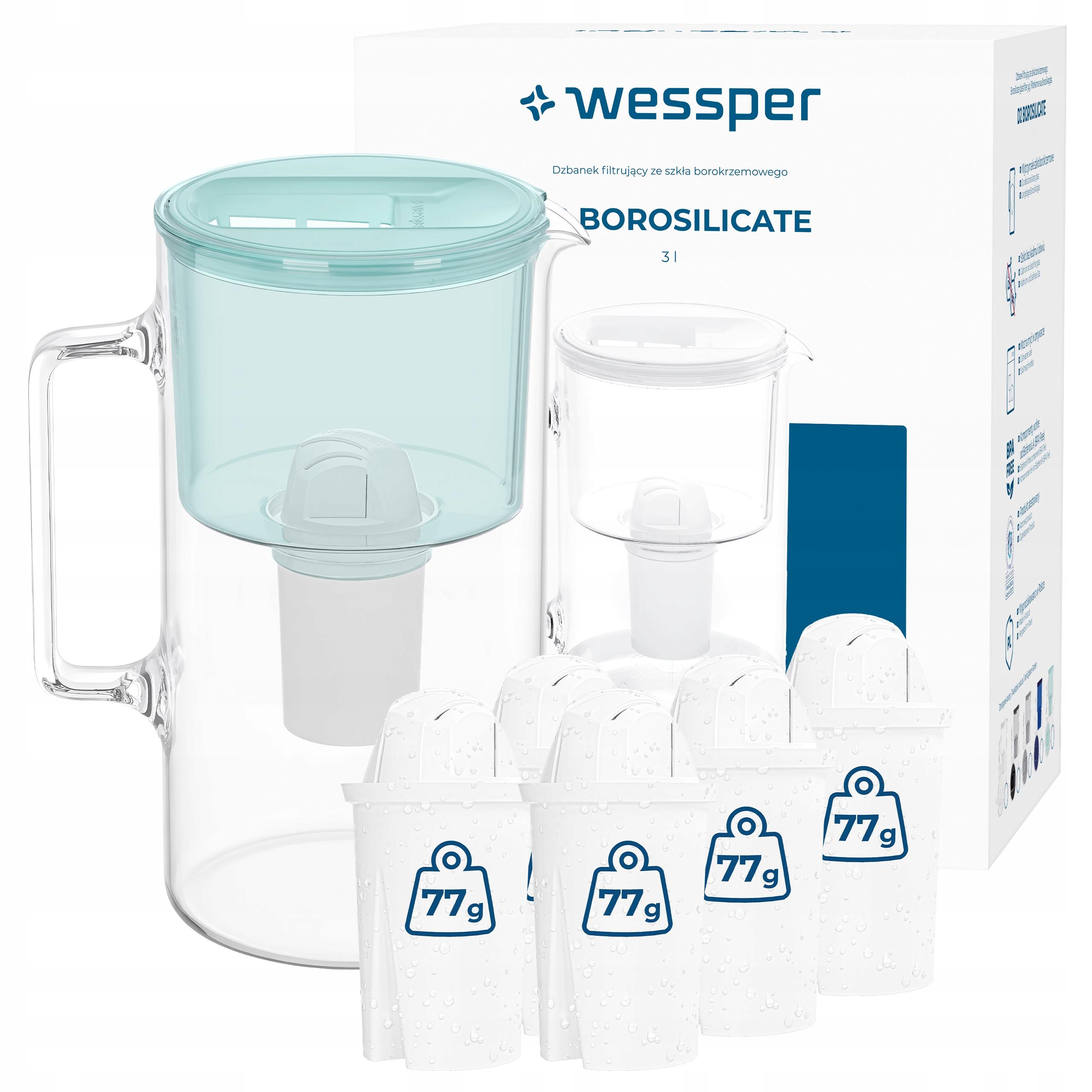 Filtrační konvice skleněná Wessper D2 Borosilicate 3l mátová 6x filtr
