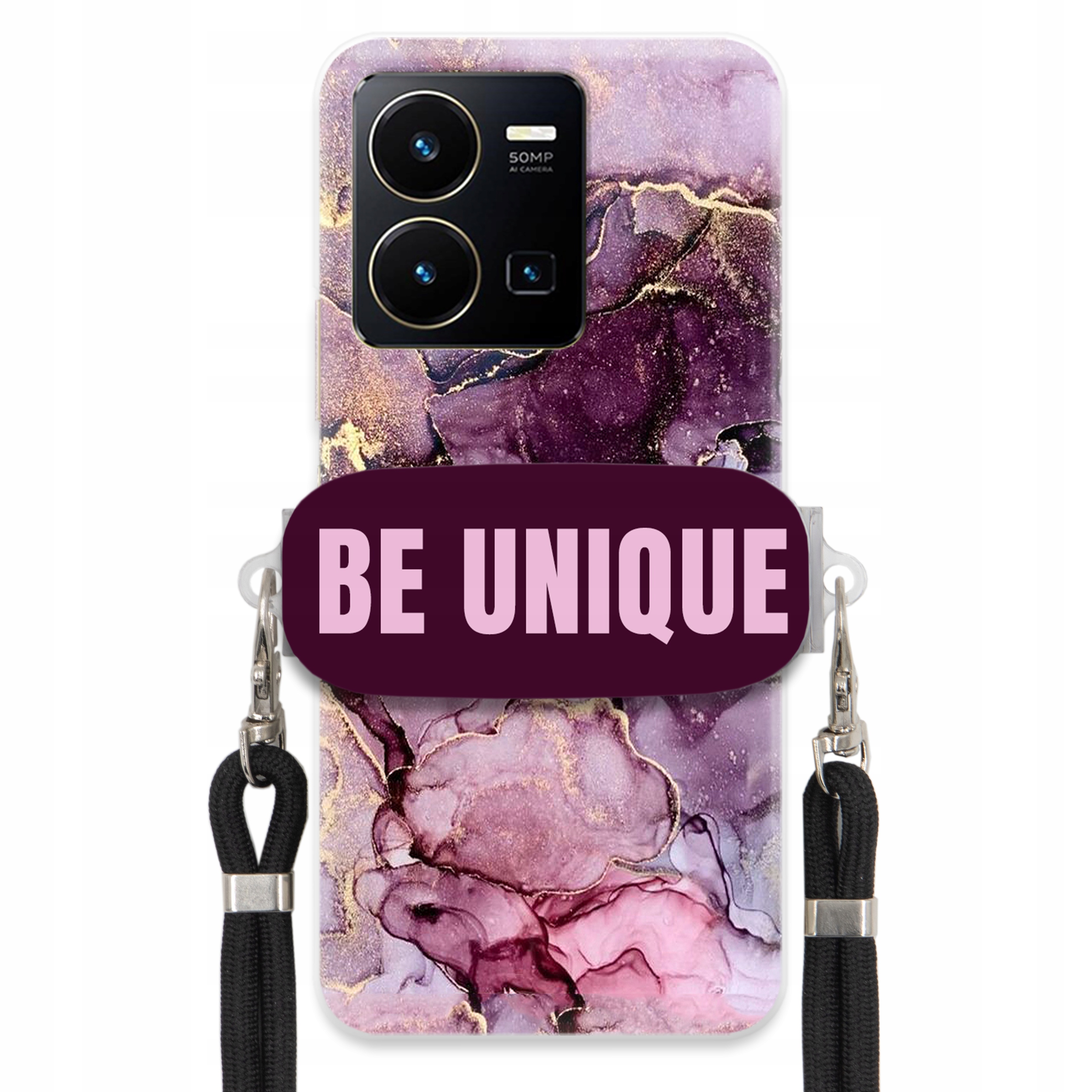 Pouzdro pro Vivo Y35 4G Case úchytka na šňůrku, černá fialová, mramorovaná