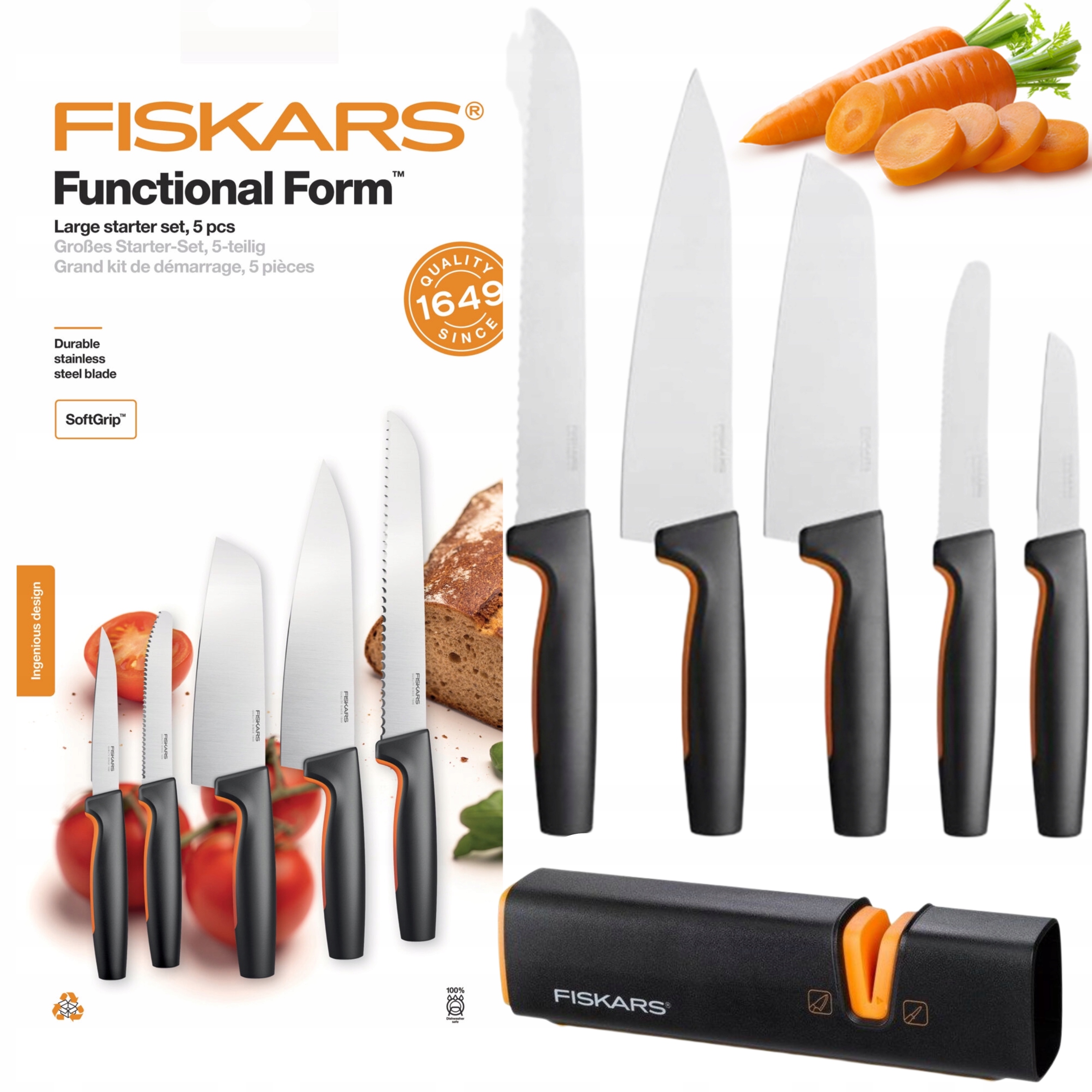 Sada 5 Nožov V Krabici Fiskars Ff Komplet Kuchynské Nože Ostré Brusný Kameň