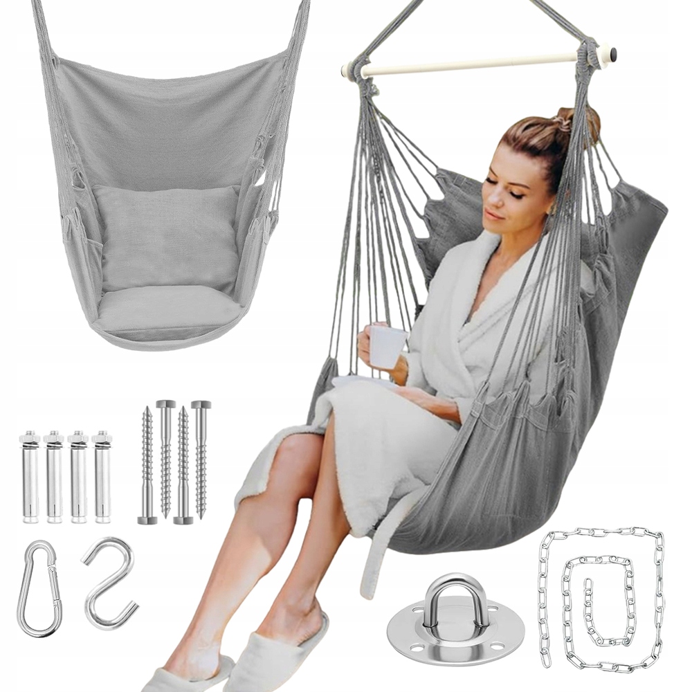 Závěsné Křeslo Pro Houpačku Zahradní Houpací Síť Šedá 2 Polštáře