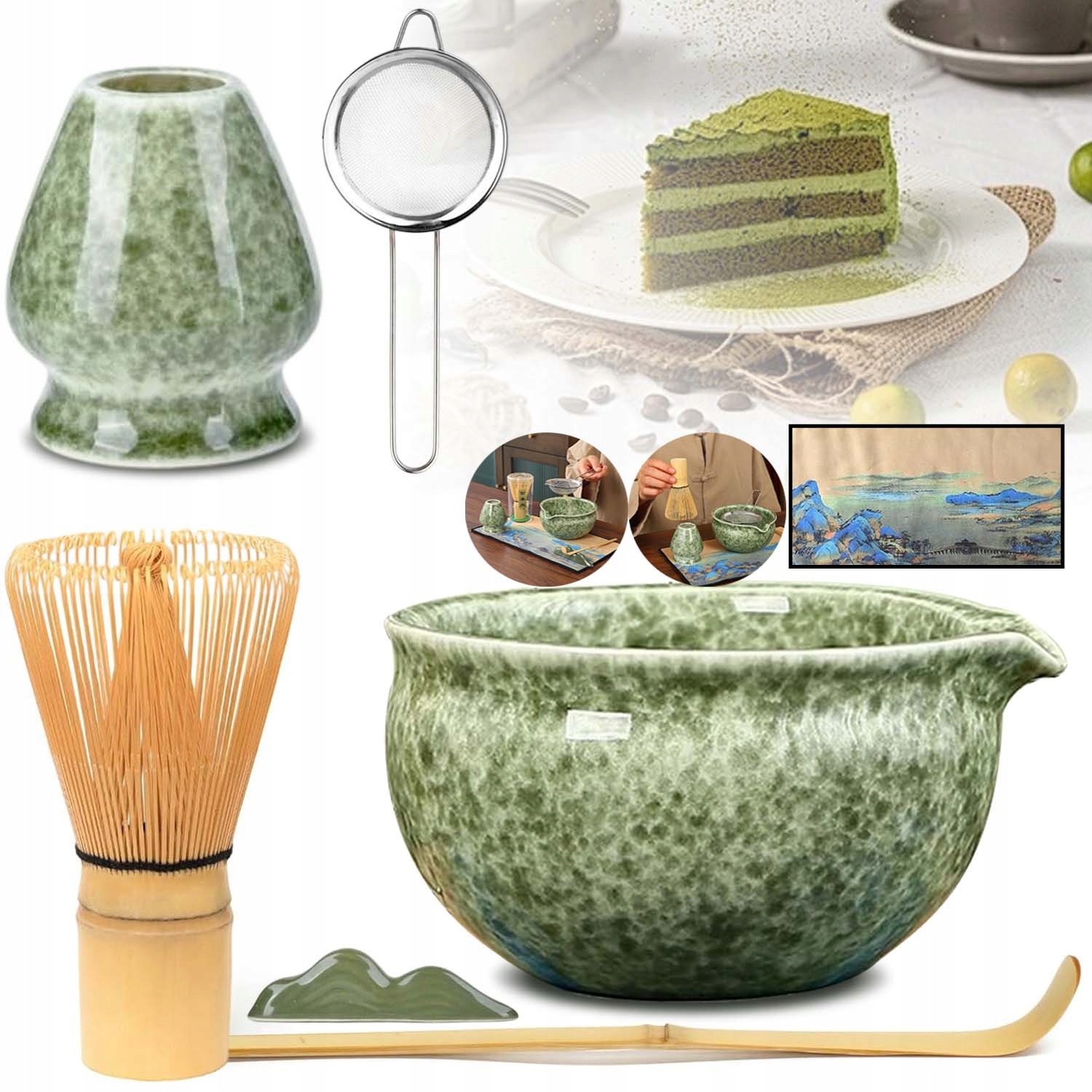 Zestaw Do Matchy Z Bambusową Miotełką, Misą I Akcesoriami Ceramicznymi 7W1