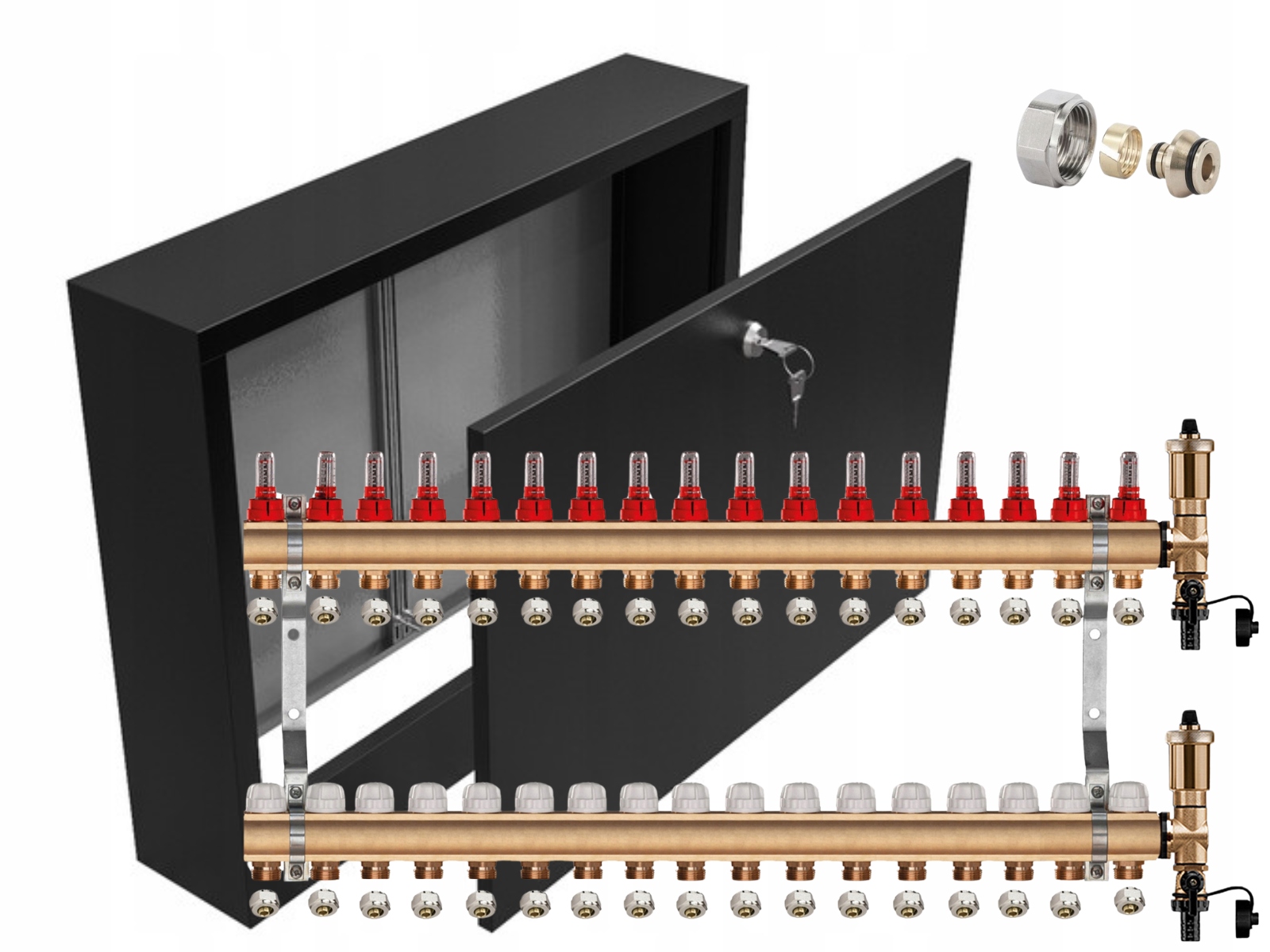 Rozdělovač Pro Podlahovku 17 Sekcí Pex Spojky Nástěnná Skříňka Černá