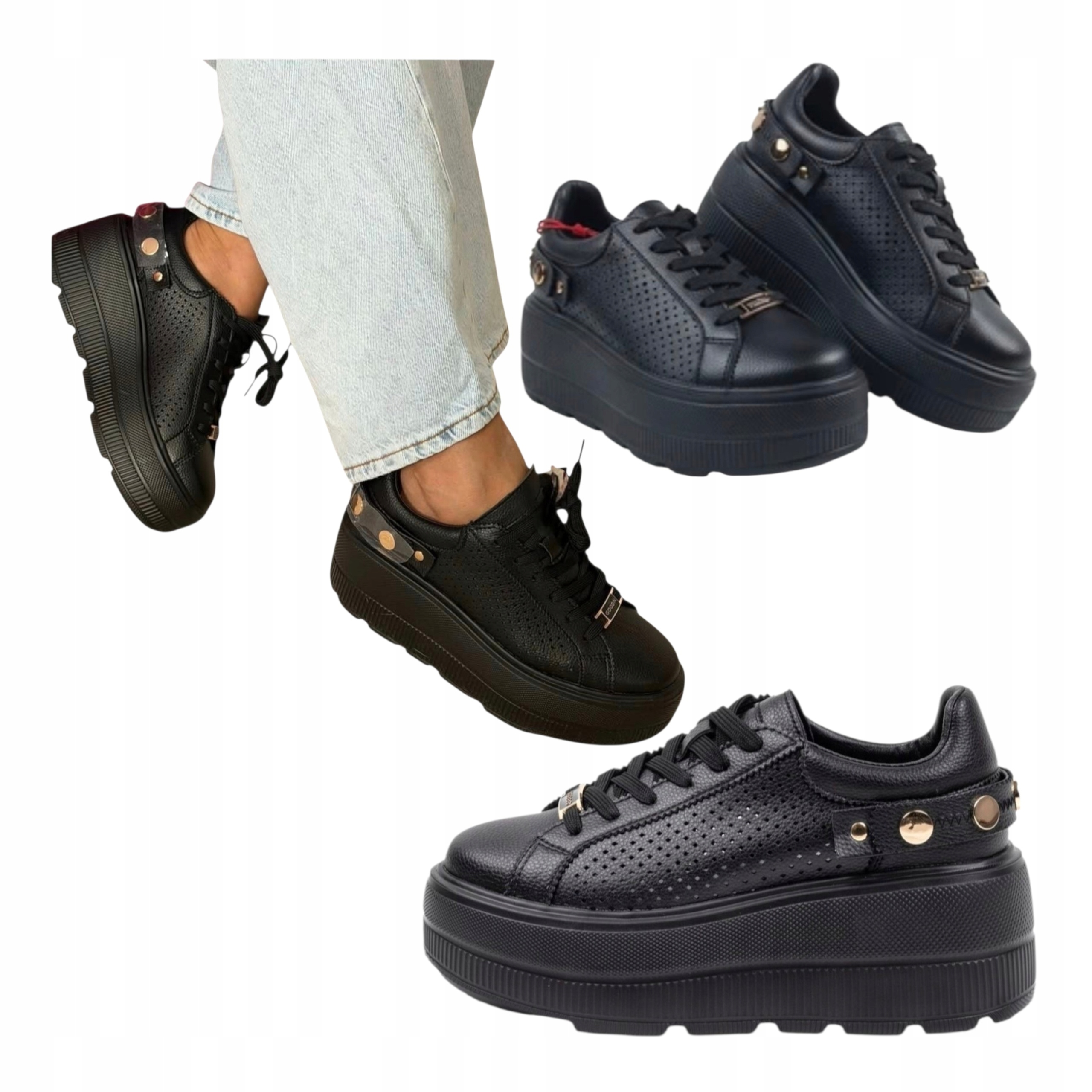 Dámské ažurové tenisky na platformě Polobotky Přírodní kůže Černé 36