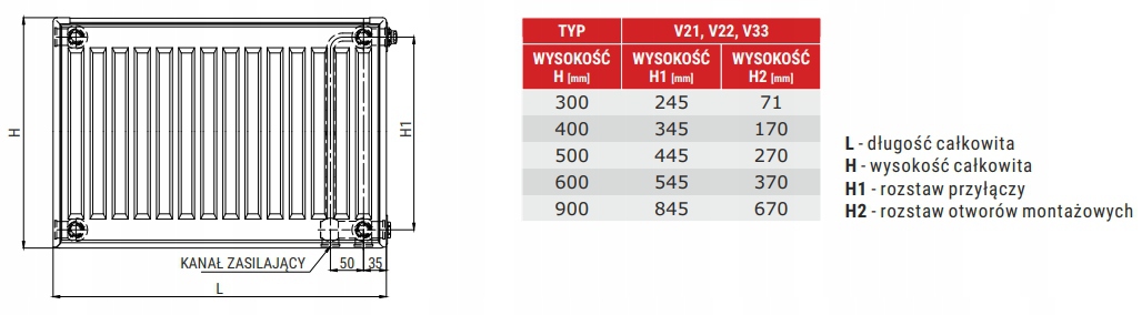 Grzejnik stalowy 2-płytowy Diamond V22 300x400 Moc grzewcza 452 W