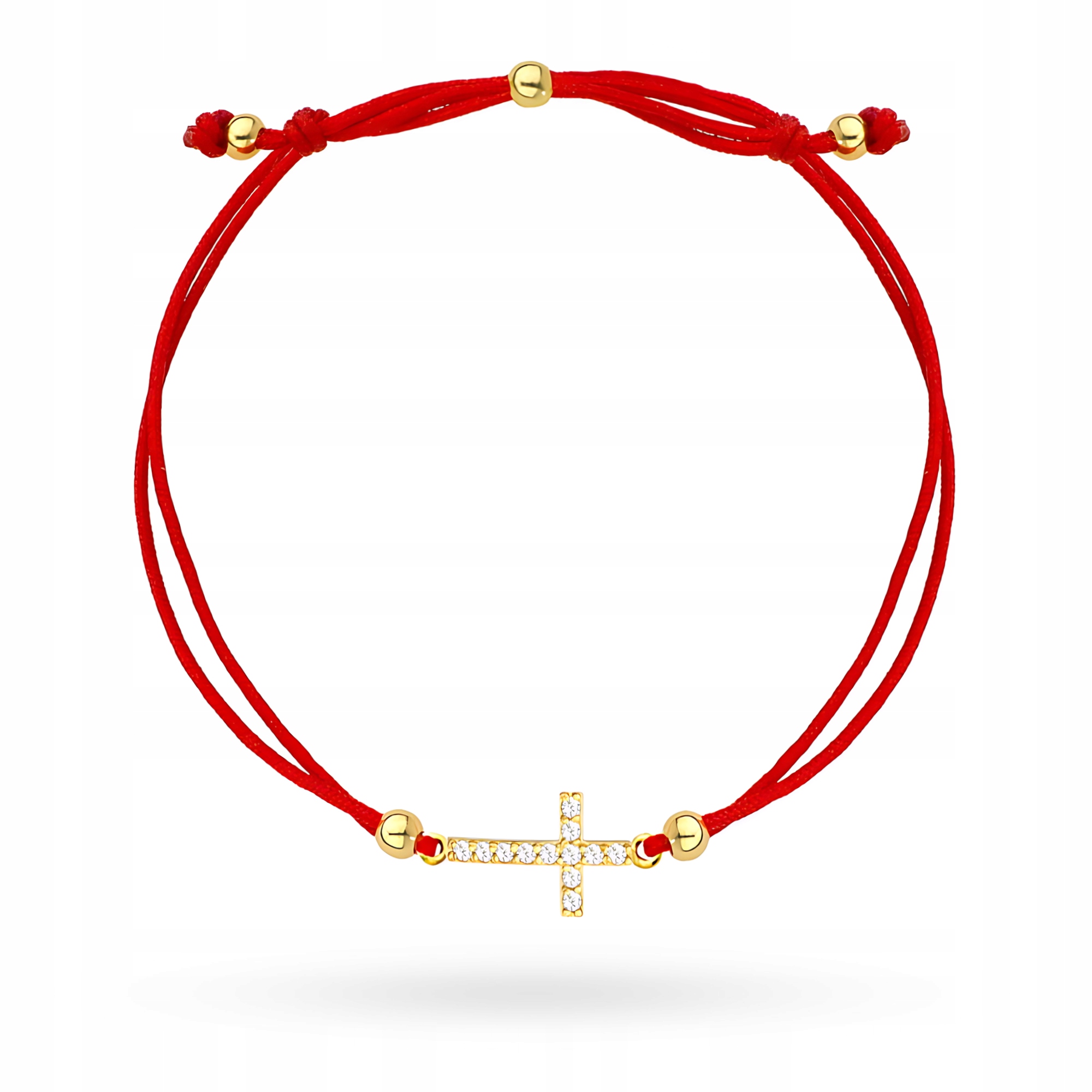 Zlatý Náramek Dámský pr. 585 Červený provázek Kříž s zirkony 14k
