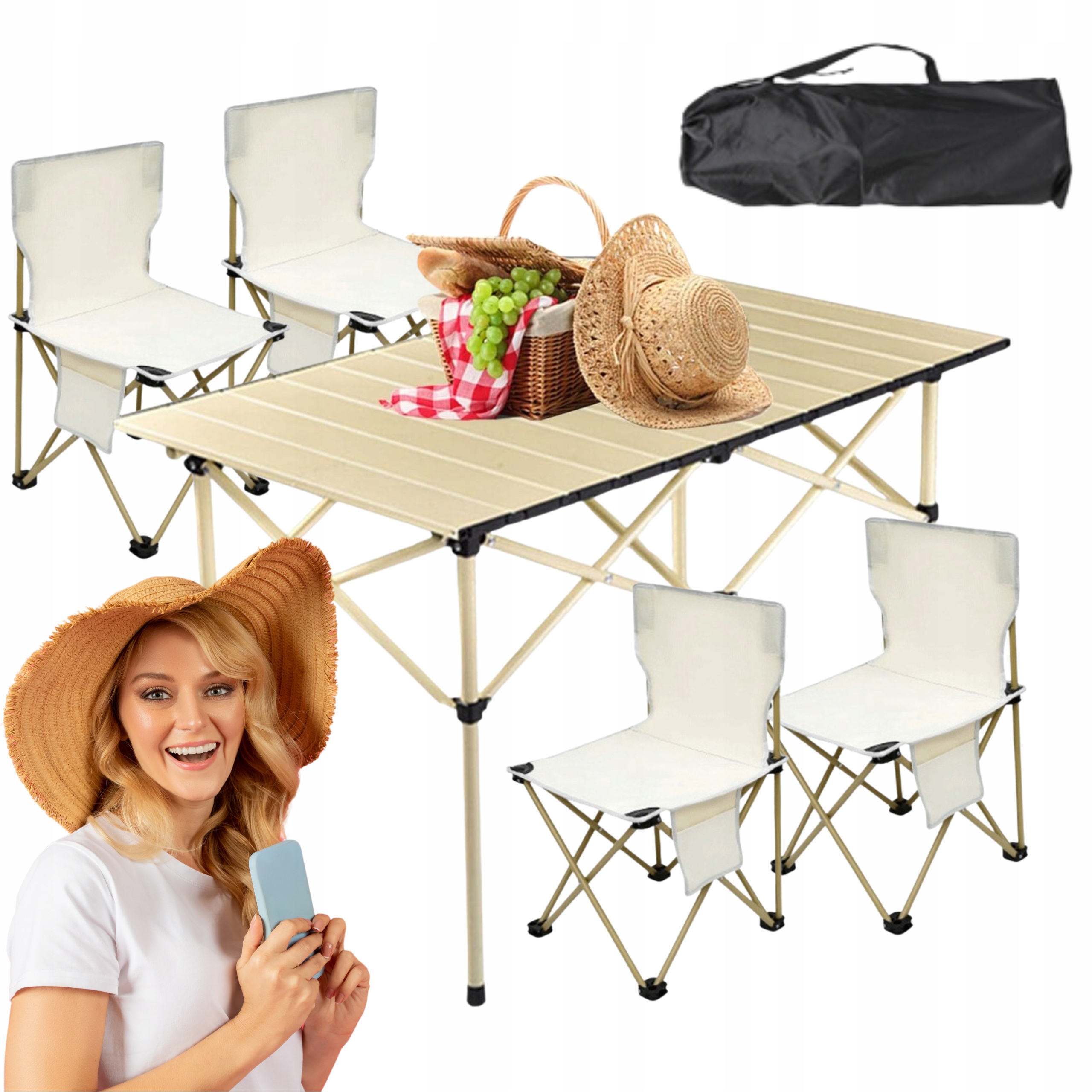 Stolik Turystyczny Składany Kempingowy Z Krzesłami Zestaw 5 Części +torba