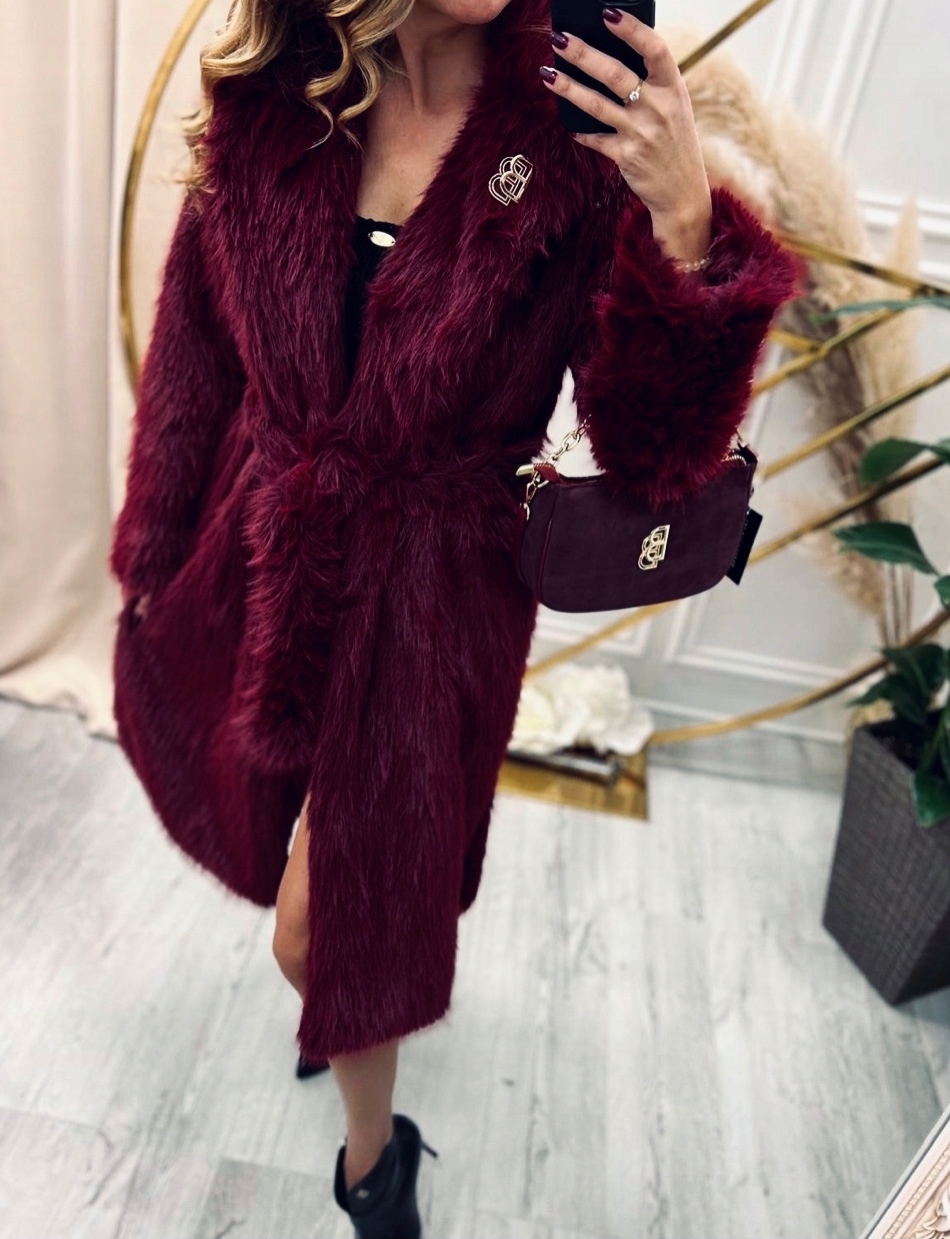 BB FUTRO PŁASZCZ FUTRZANY WIĄZANY BORDOWY BURGUNDOWY