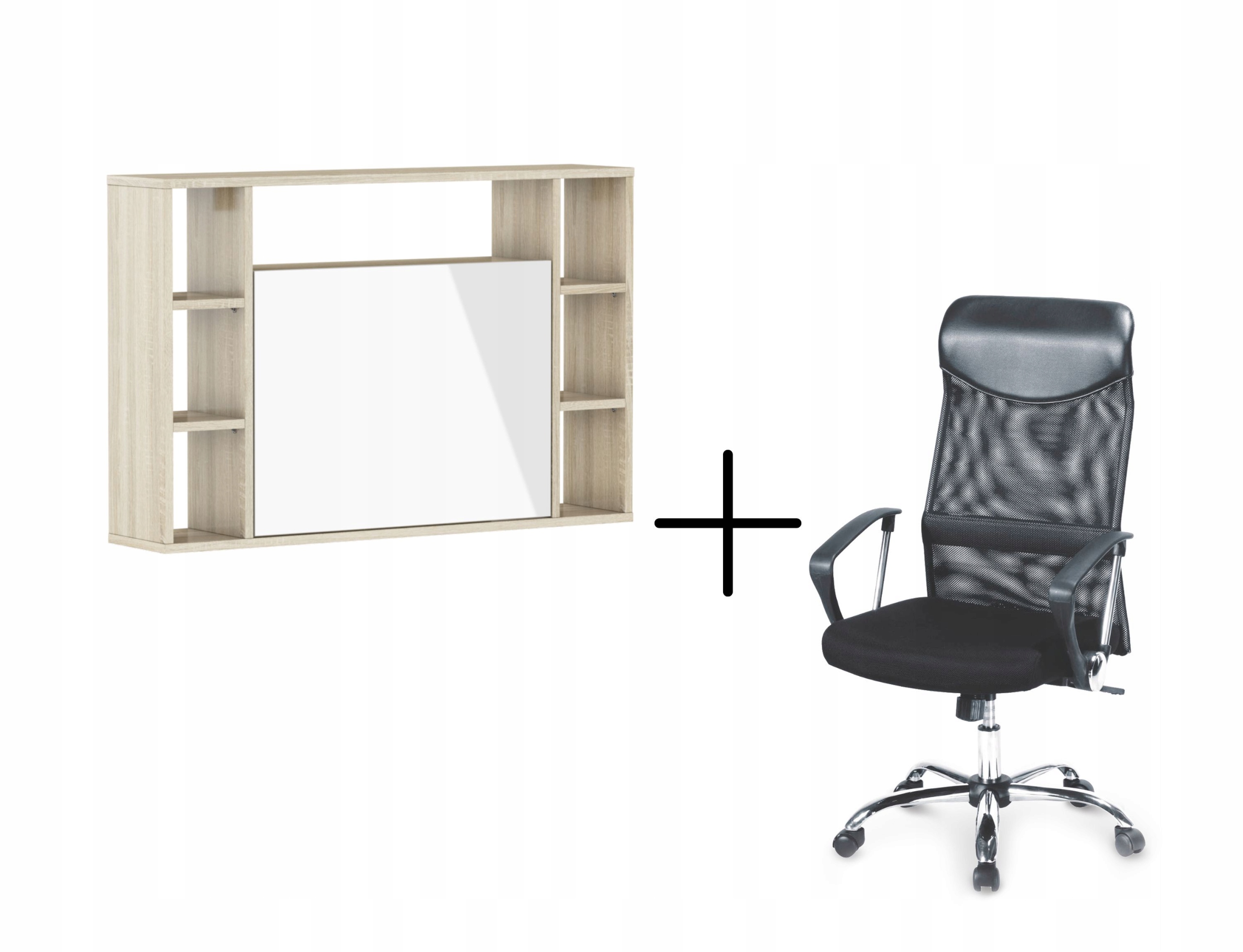 Závěsný psací stůl Muse sonoma světlá/bílý lesk křeslo k psacímu stolu Vire černé