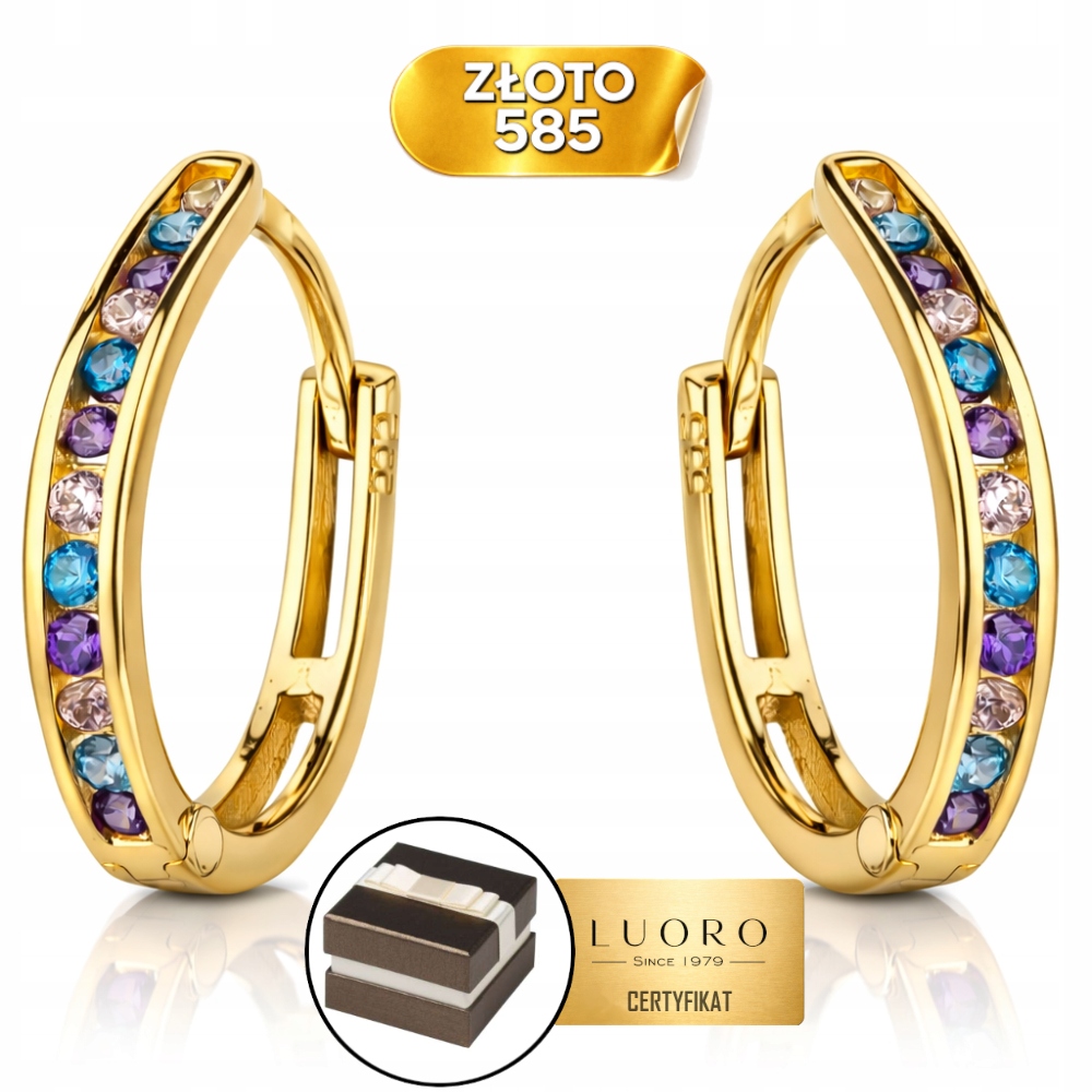 Náušnice Zlaté 585 14K Kolečko Zirkony Barevné Výška 1,4 CM