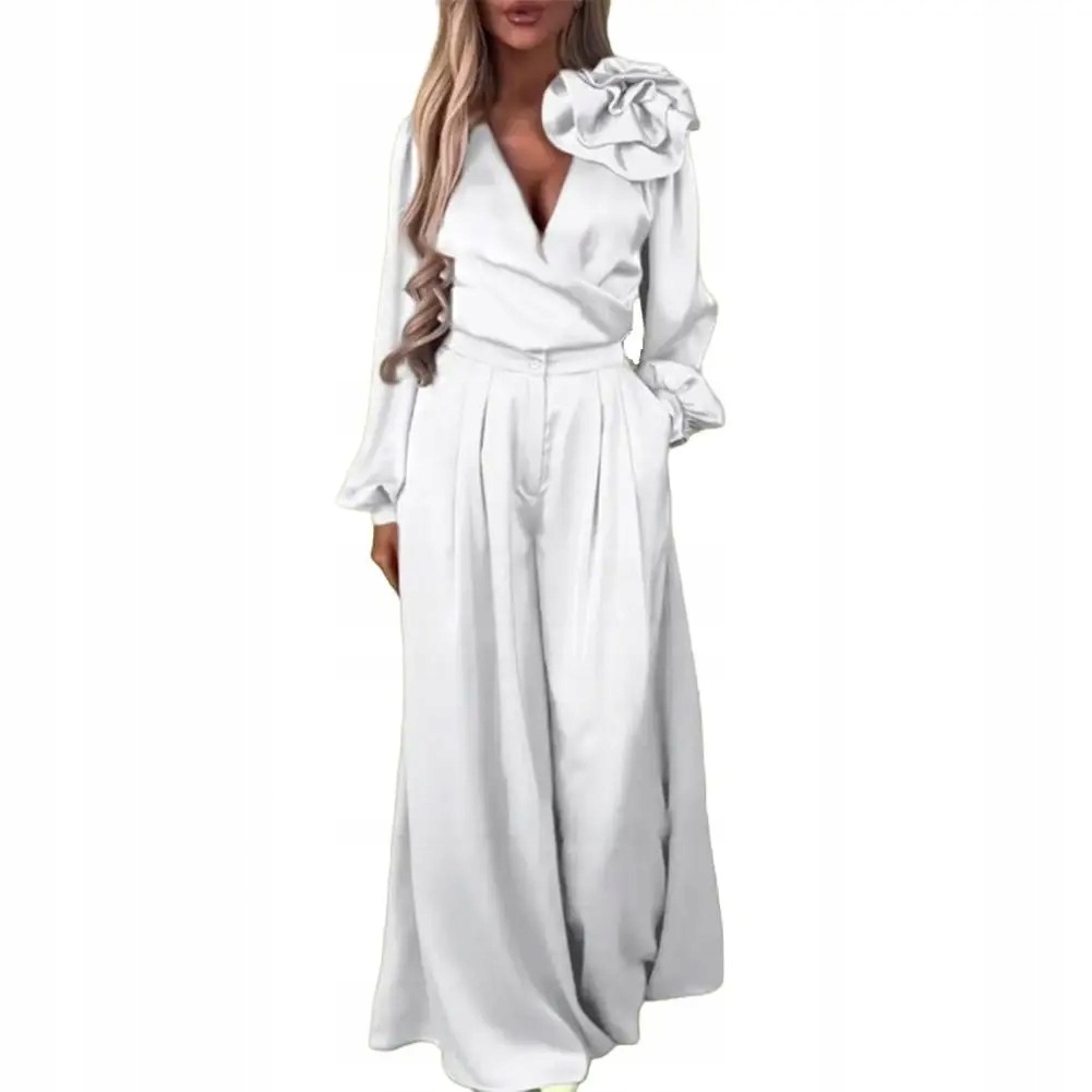 Dámský komplet ecru S halenka s květem kalhoty široké MD bílý lesk