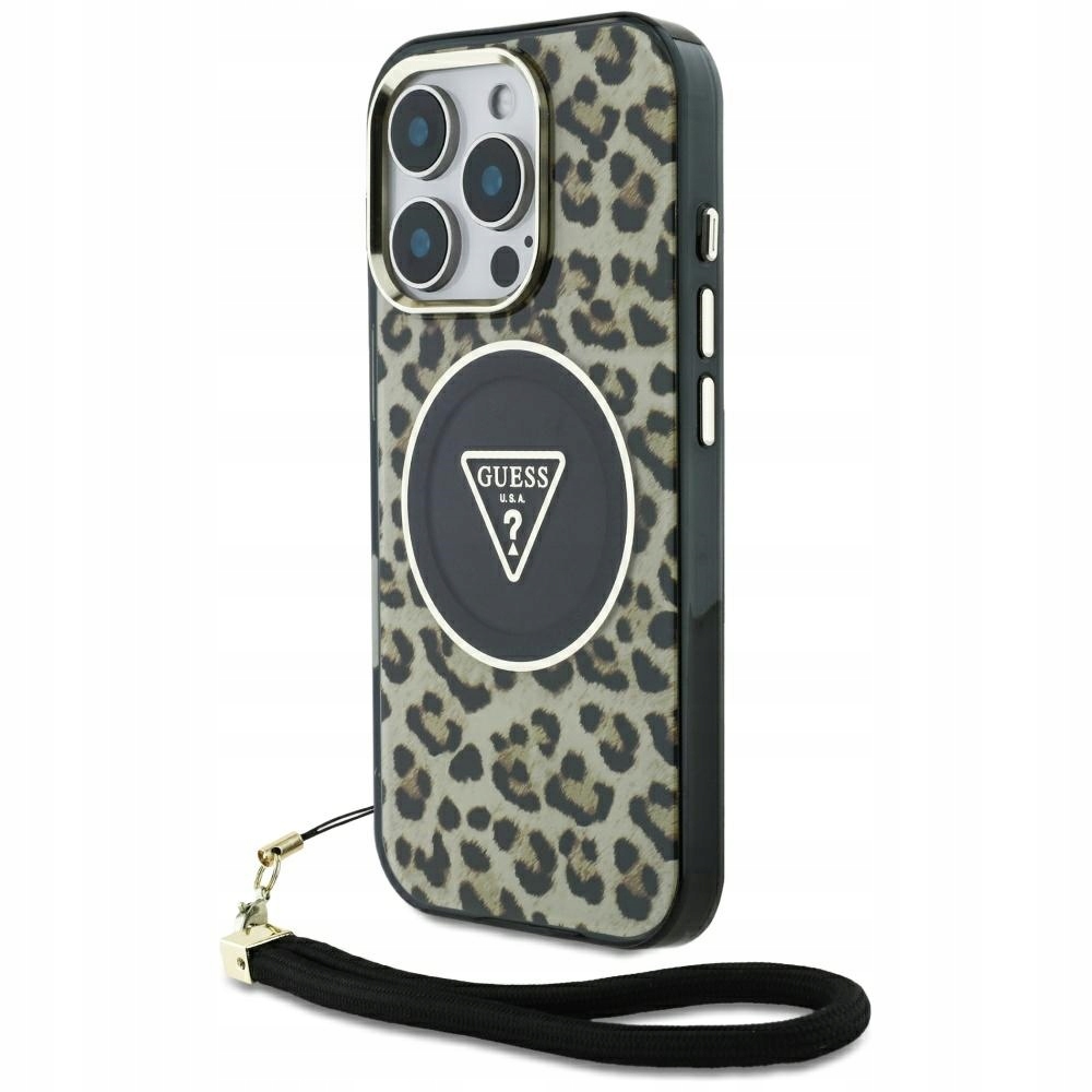 Pouzdro Guess Hc IML Leopard Triangle Cord Strap pro iPhone 16 Pro MagSafe