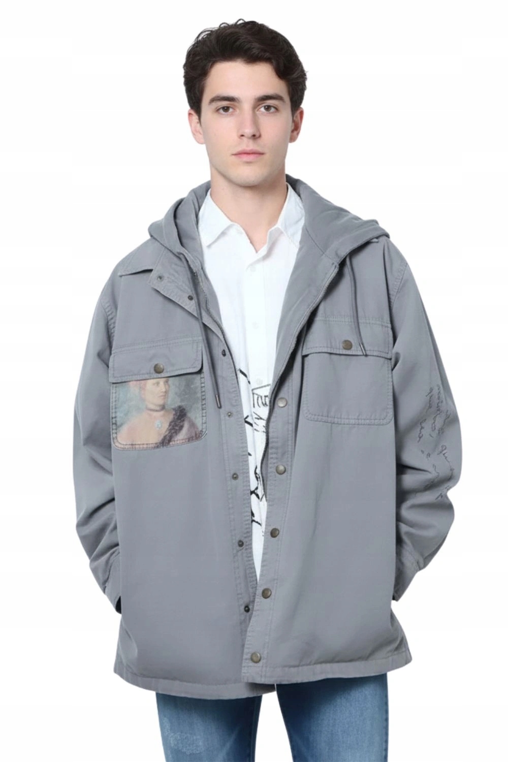 Pánská košilová bunda Desigual s s kapucí, šedá, s grafikou, lehká, vel.