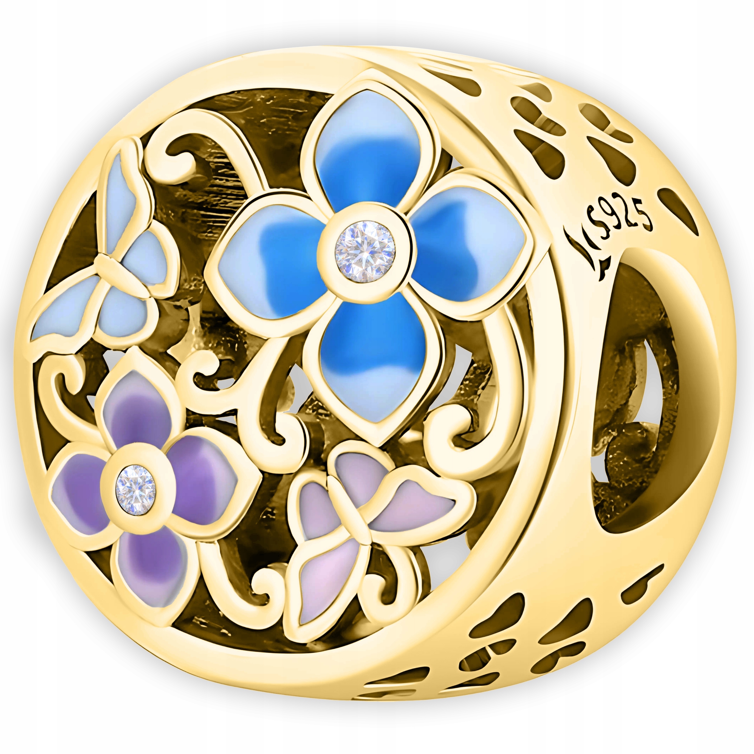 Zlatý Charms Louka Motýli Květiny Barevné Květiny Motýlci Stříbro 925