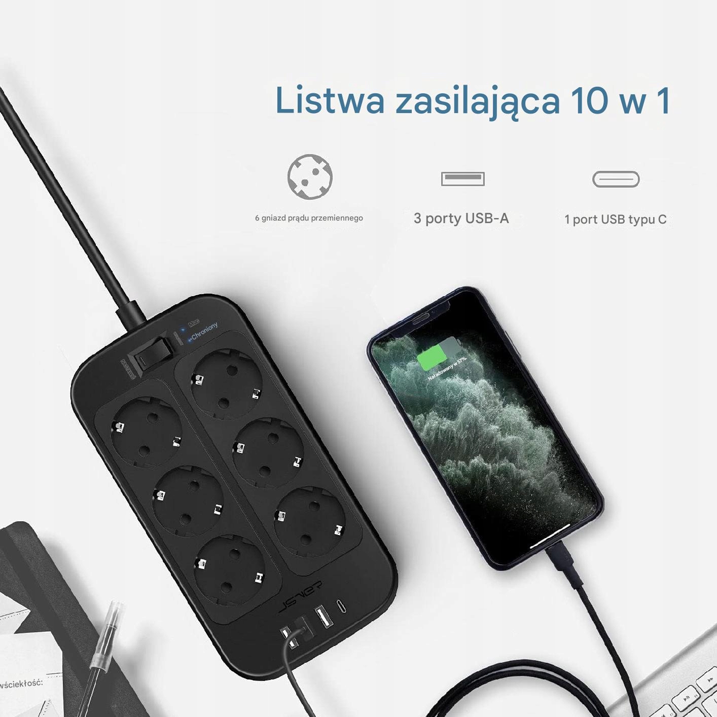 PRZEDŁUŻACZ LISTWA ANTYPRZEPIĘCIOWA ZASILAJĄCA USB JSVER SZYBKIE ŁADOWANIE Kod producenta JSVER-PS6042